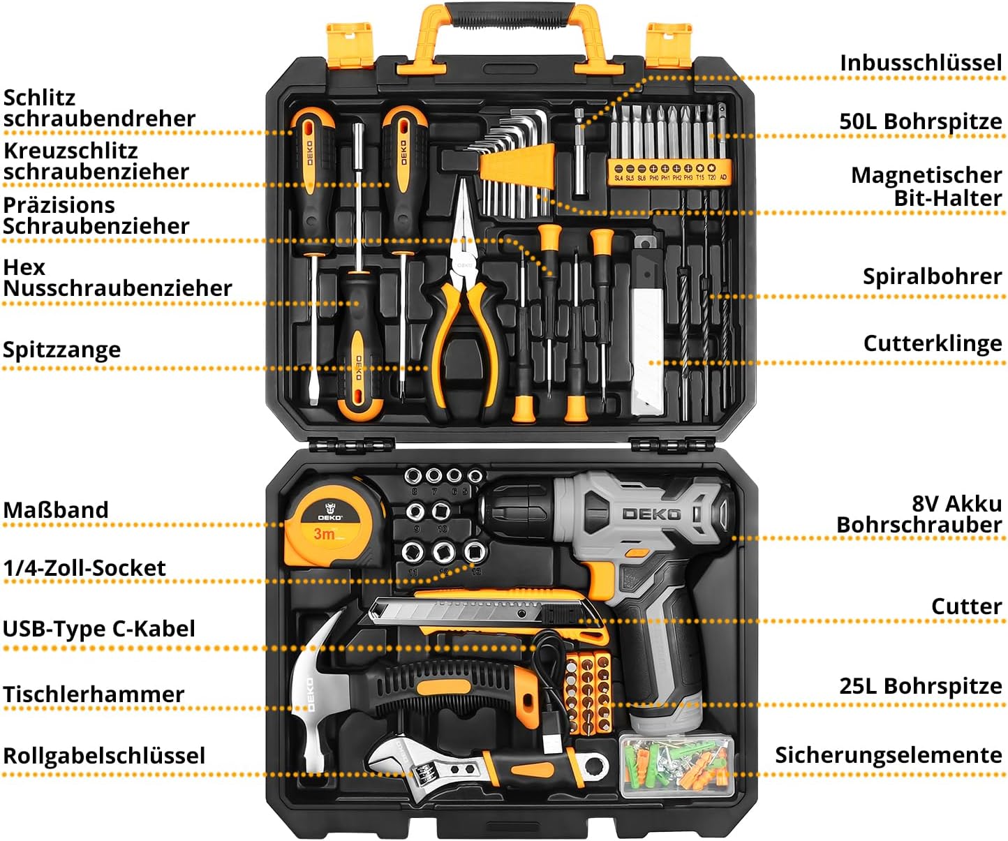 🔥 Angebote & Aktionen – DEKO 126-Piece Filled Tool Box with 8V Cordless Screwdriver/Drill, Professional Tool Set for DIY & Craftsmen, Compact Case with Accessories, Grey – Bild 2