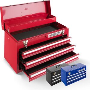 🔥 Angebote & Aktionen – Arebos Tool Box with 3 Drawers and 2 Storage Compartments 52 x 22 x 30.5 cm | Lockable Tool Box | Tool Box with Carry Handle & Snap Fasteners | Non-Slip Mats | Red