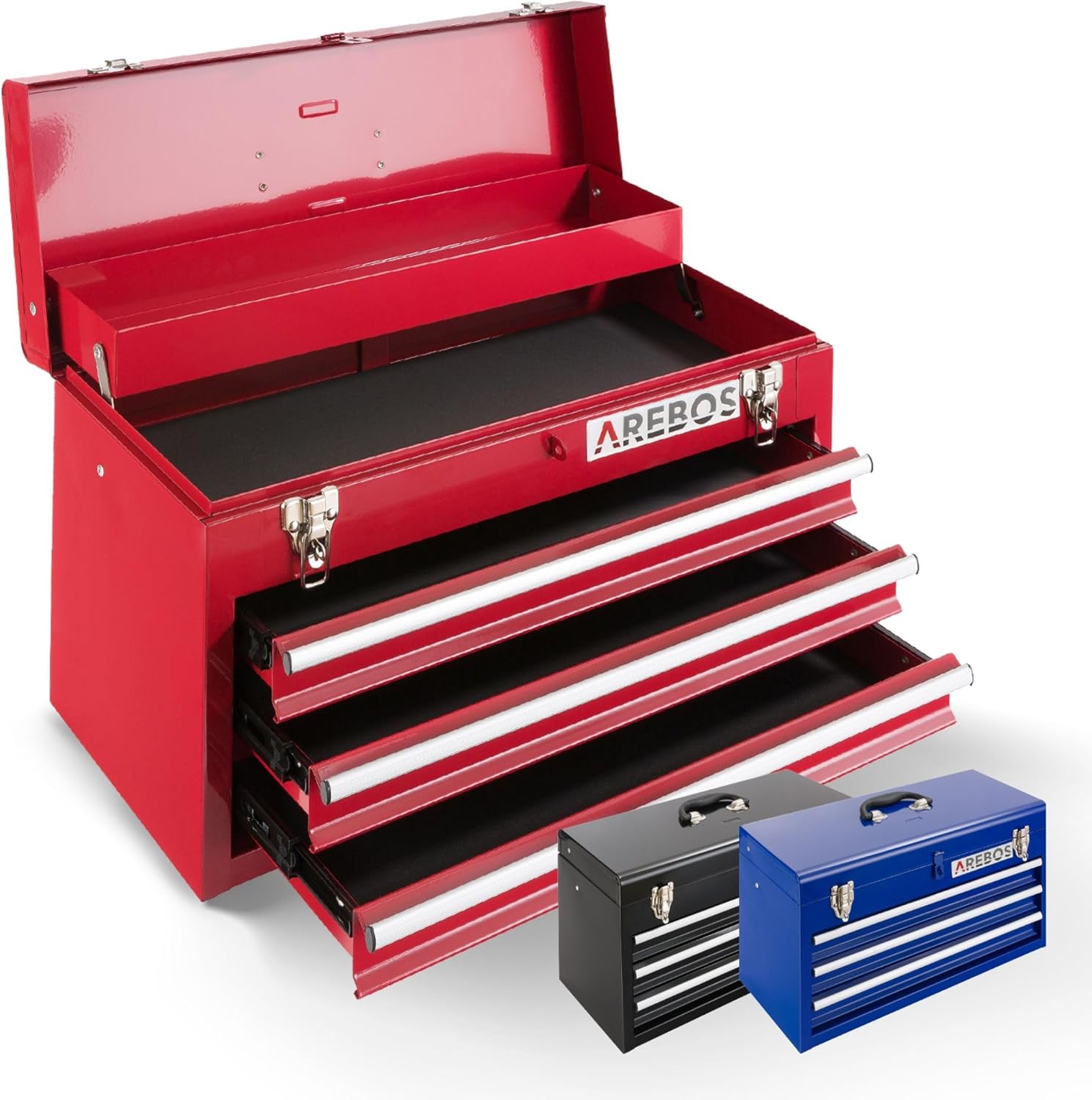 🔥 Angebote & Aktionen – Arebos Tool Box with 3 Drawers and 2 Storage Compartments 52 x 22 x 30.5 cm | Lockable Tool Box | Tool Box with Carry Handle & Snap Fasteners | Non-Slip Mats | Red