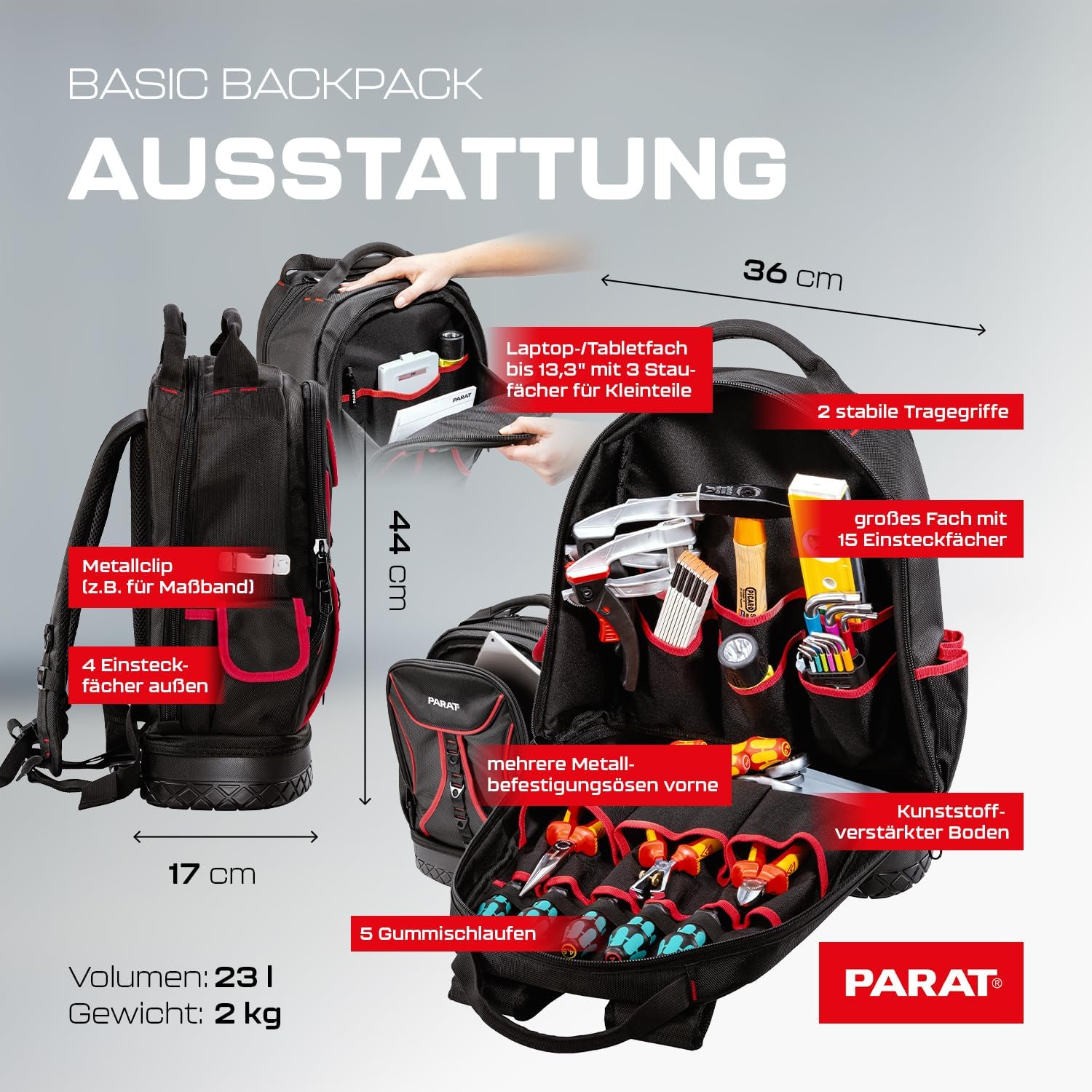 ⚡ Elektro & Technik – PARAT Basic Rucksack, Werkzeugrucksack 23 L für Elektriker, robuster Nylonrucksack, Werkzeugrucksack mit 15 Fächern und 6 Gummischlaufen, Elektrikerrucksack mit verstärktem Boden – Bild 8
