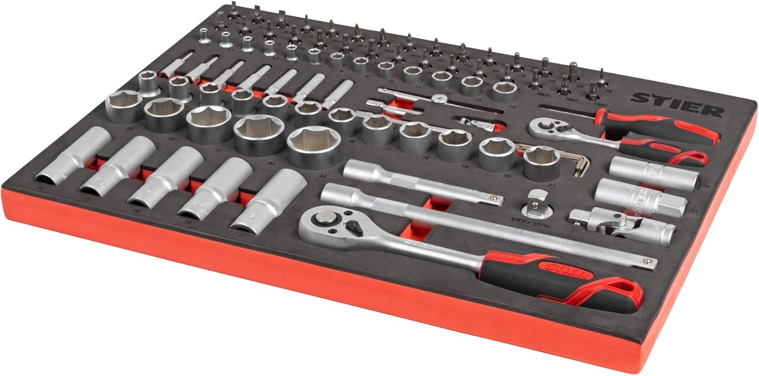 🚗 KFZ & Werkstatt – STIER Socket Spanner Set, 92 Pieces, 1/4 Inch 1/2 Inch with Reversible Ratchets, in Soft Foam Insert, as Inlay Workshop Trolley, Chrome Vanadium Steel – Bild 2