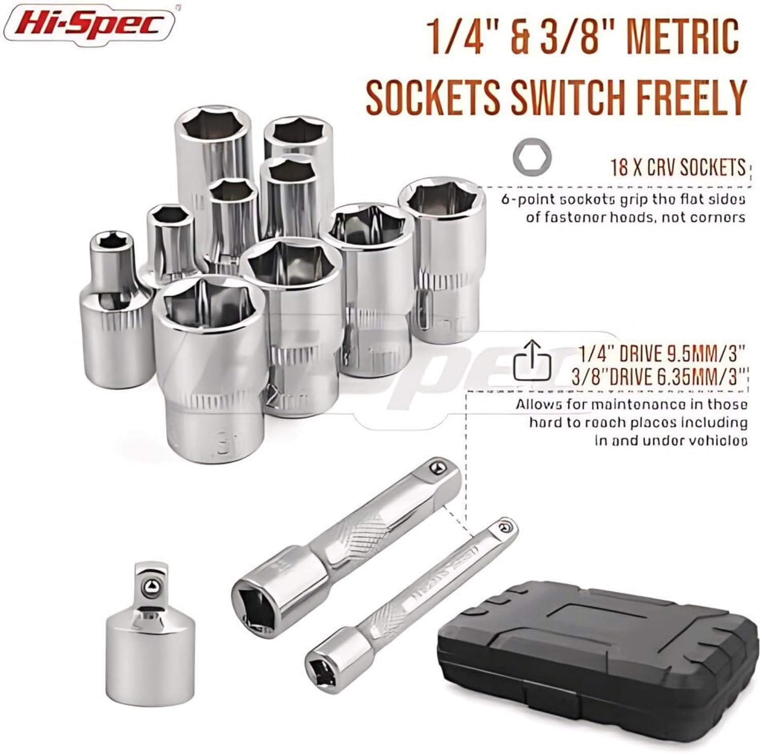 🚗 KFZ & Werkstatt – Hi-Spec 22 Piece 1/4 and 3/8 Inch Drive Socket Set with Ratchet and Extension in Compact Case – Bild 3