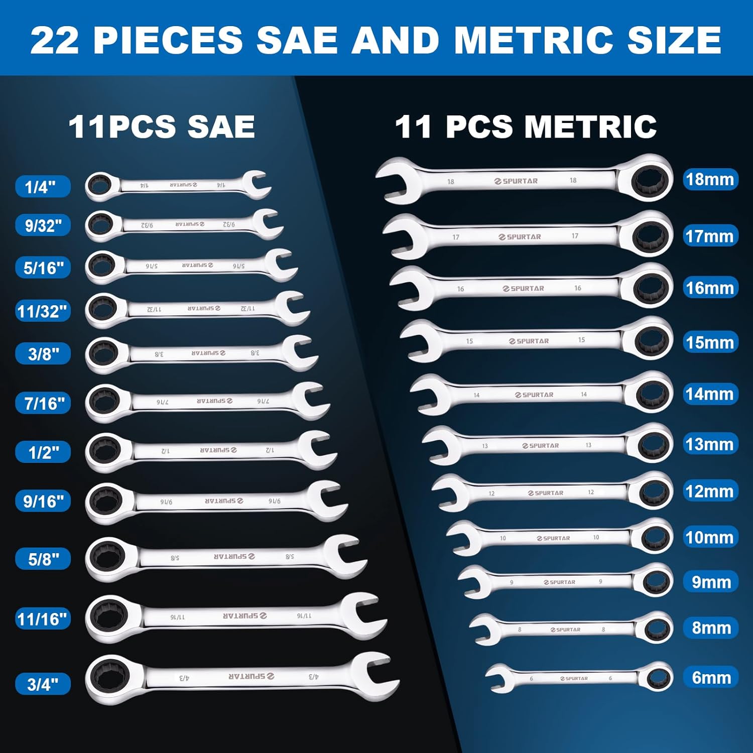 🚗 KFZ & Werkstatt – Spurtar 22 Piece Ratchet Wrench Set 6-18 mm & 1/4-3/4 Inch Ratchet Wrench Set 72 Teeth Combination Wrench Sets CR-V Steel Mirror Finish Portable Carry Bag – Bild 3