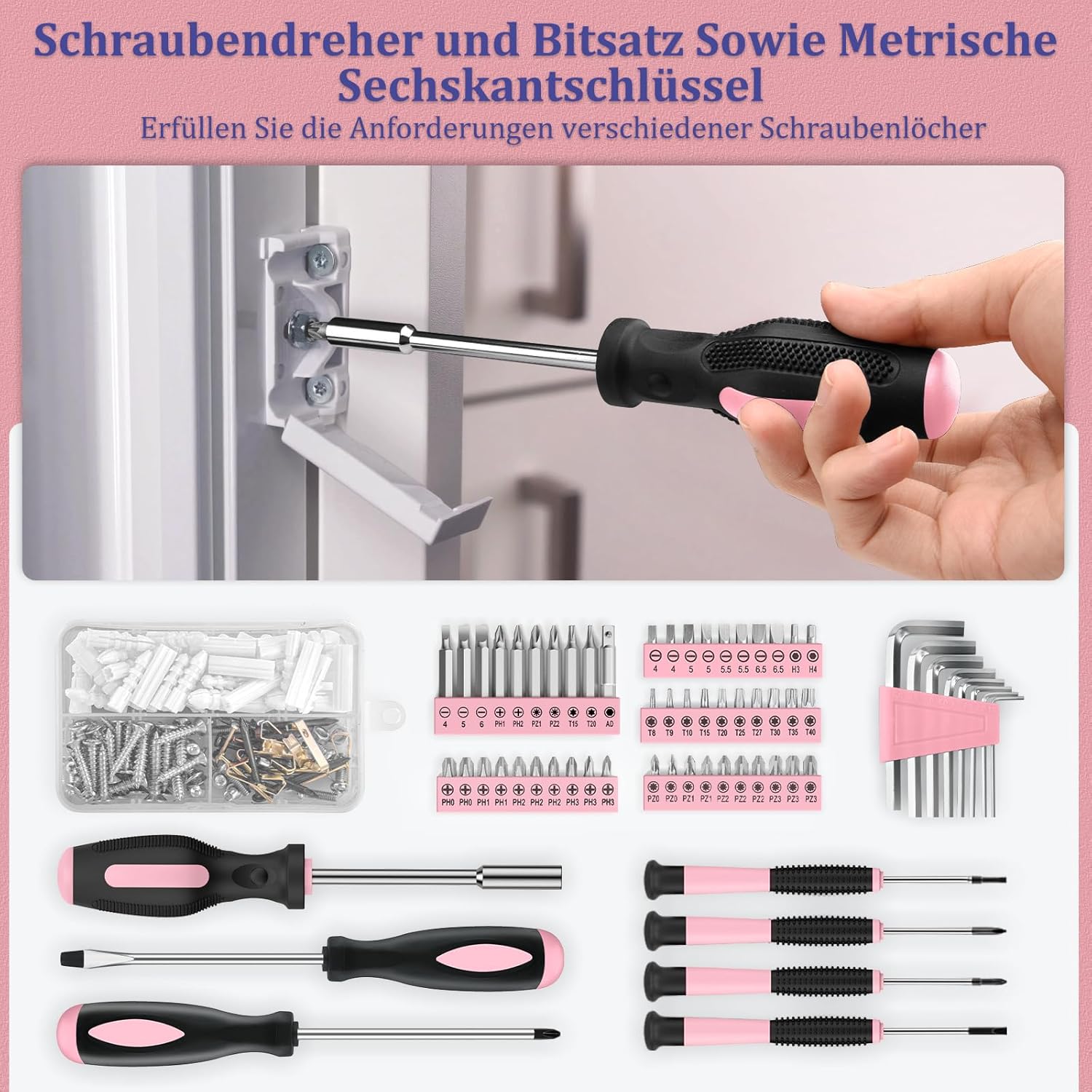 🔥 Angebote & Aktionen – Sundpey Tool Box Filled 281 Pieces - Portable Complete Tool Sets Tool Box with Socket Wrench Set Screwdriver Set Metric Allen Key Pliers Tool Box Pink – Bild 5