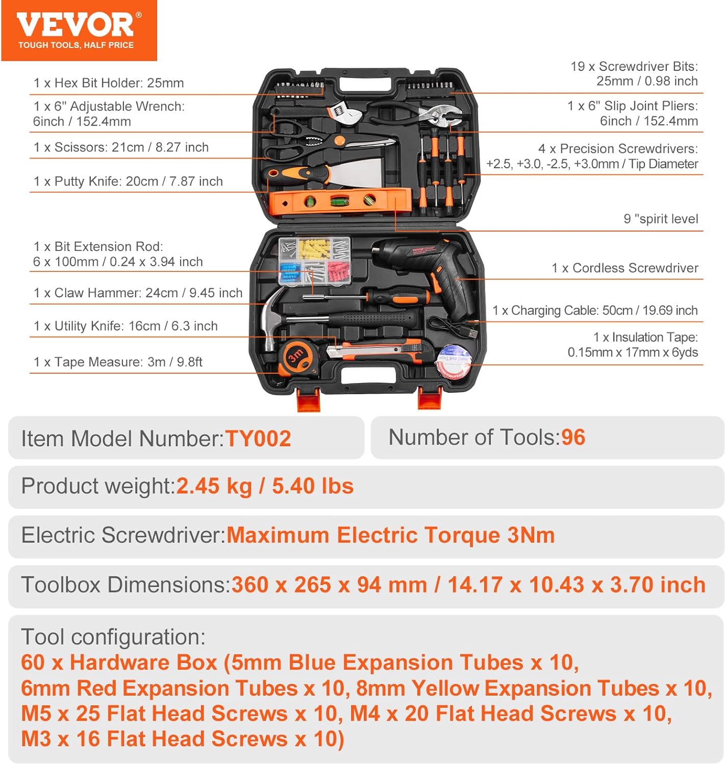 🔥 Angebote & Aktionen – VEVOR 96 Piece Household Hand Tool Set with Cordless Screwdriver and Portable Tool Case, High Quality Steel for Home Maintenance, DIY Projects and Car Repairs – Bild 7