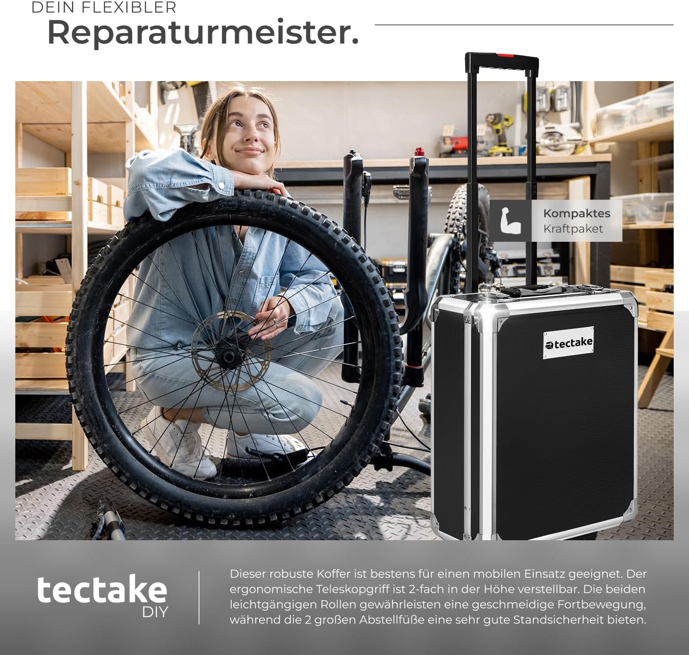 🚗 KFZ & Werkstatt – tectake Tool Box, Tool Set, Tool Box Filled 1200 Pieces, Tool Trolley, Tool Box with 4 Levels, Aluminium Case with Wheels and Telescopic Handle - Black – Bild 7