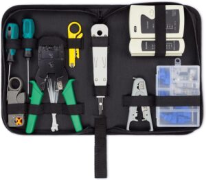 ⚡ Elektro & Technik – deleyCON 10-teiliges Netzwerk-Werkzeug-Set mit Tasche, Kabeltester, Crimpzange, LSA-Einsteckwerkzeug, Abisolierzange, IT-Computer, Netzwerk, LAN, CAT-Tool, RJ11, RJ12, RJ45, weiß, grün