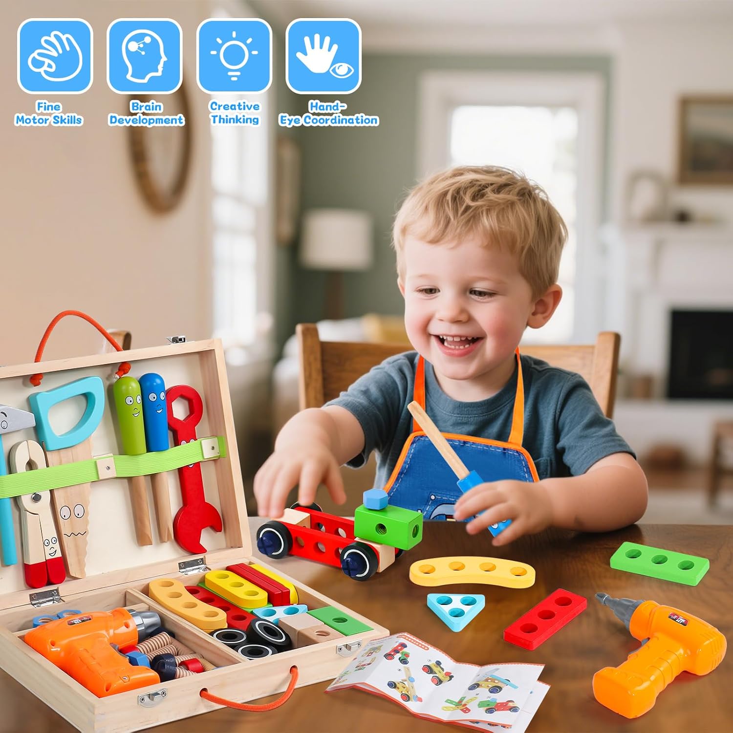 ⚡ Elektro & Technik – Spielzeug ab 3 Jahren, Werkzeugkasten Kinder Montessori Spielzeug ab 3 4 5 Jahren Junge Mädchen Holzspielzeug mit Akkuschrauber & Schürze Rollenspiel Werkzeugkasten Geschenke für Kinder – Bild 7