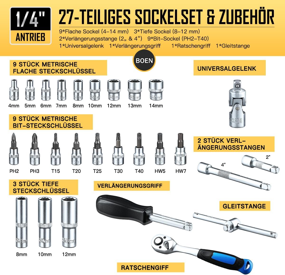 🚗 KFZ & Werkstatt – 69-Piece 1/4 Inch & 3/8 Inch Socket Set, Metric Nut Set (4-21 mm) + Bit Set, Professional Tool Set Including 72 Tooth Ratchet, Extension, Rotary Knob & Universal Joint – Bild 3