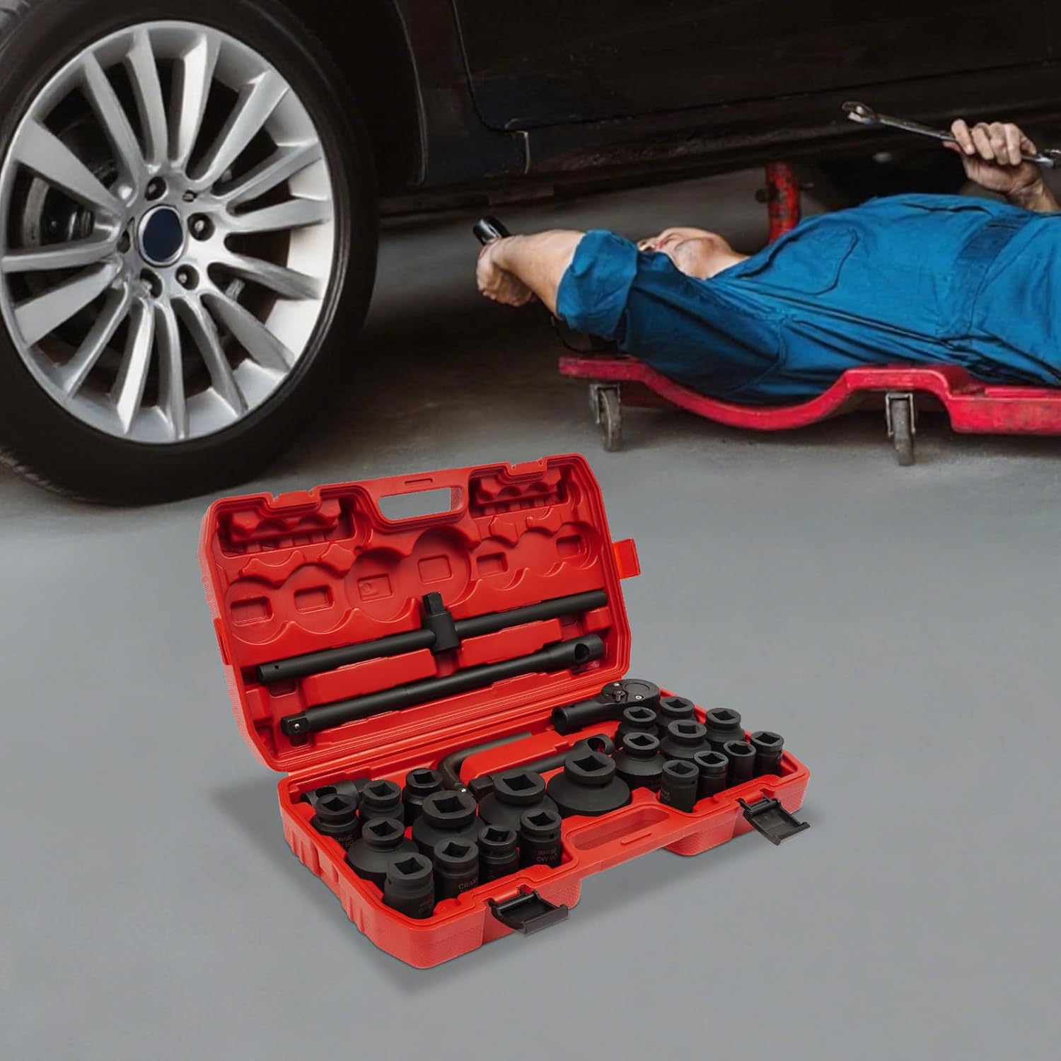 🚗 KFZ & Werkstatt – 26-Piece Socket Set 3/4 Inch and 1 Inch Drive, Ratchet Box with Impact Wrench Nuts Made of 45 Carbon Steel, Heavy Duty Socket Set for Car and Industry, with Carry Case – Bild 5