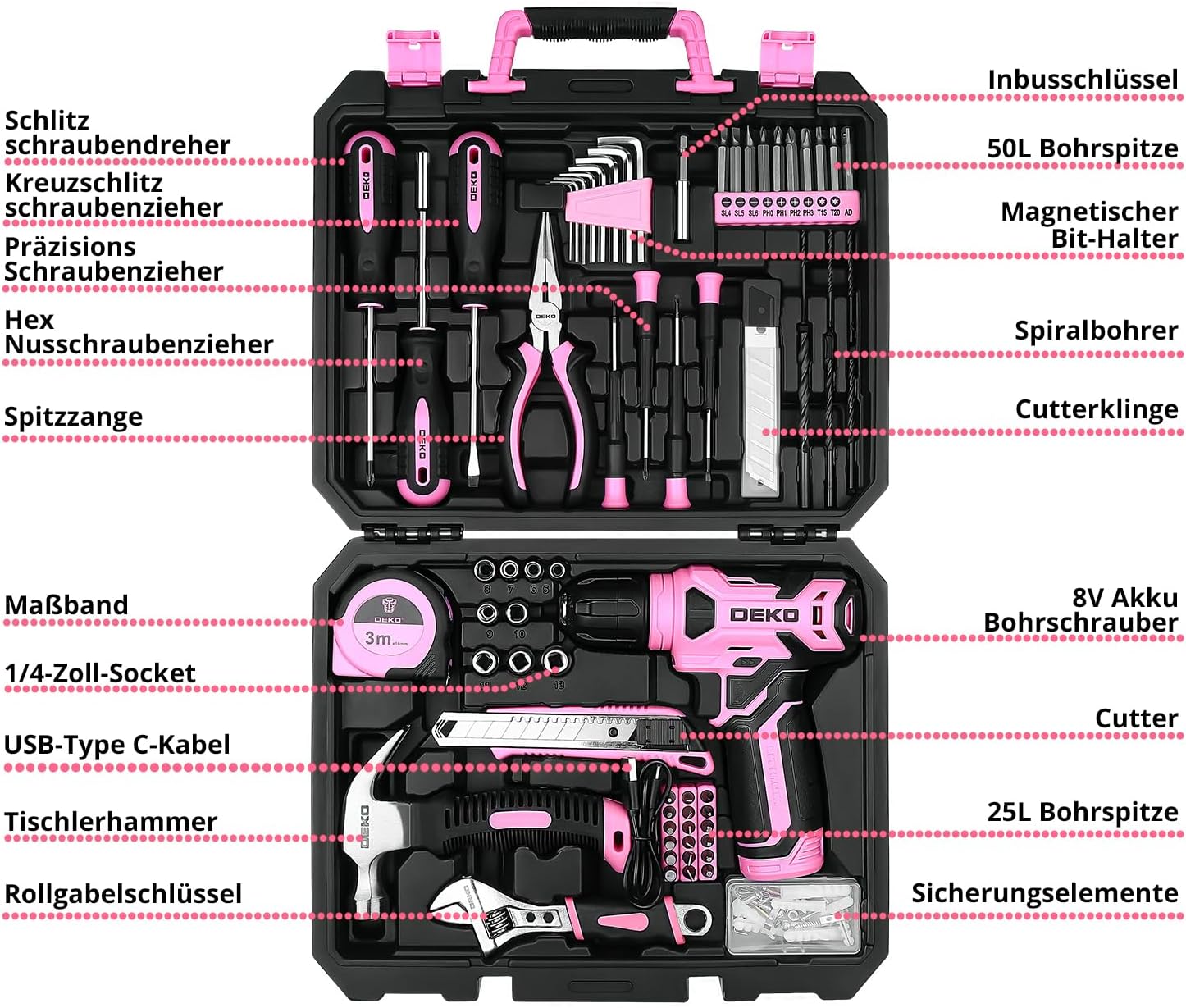 🔥 Angebote & Aktionen – DEKO Tool Box Cordless Screwdriver Tool Box Tool Set 126 Pieces Professional Tool Box for DIY Use for Offices and Garden, Pink – Bild 2