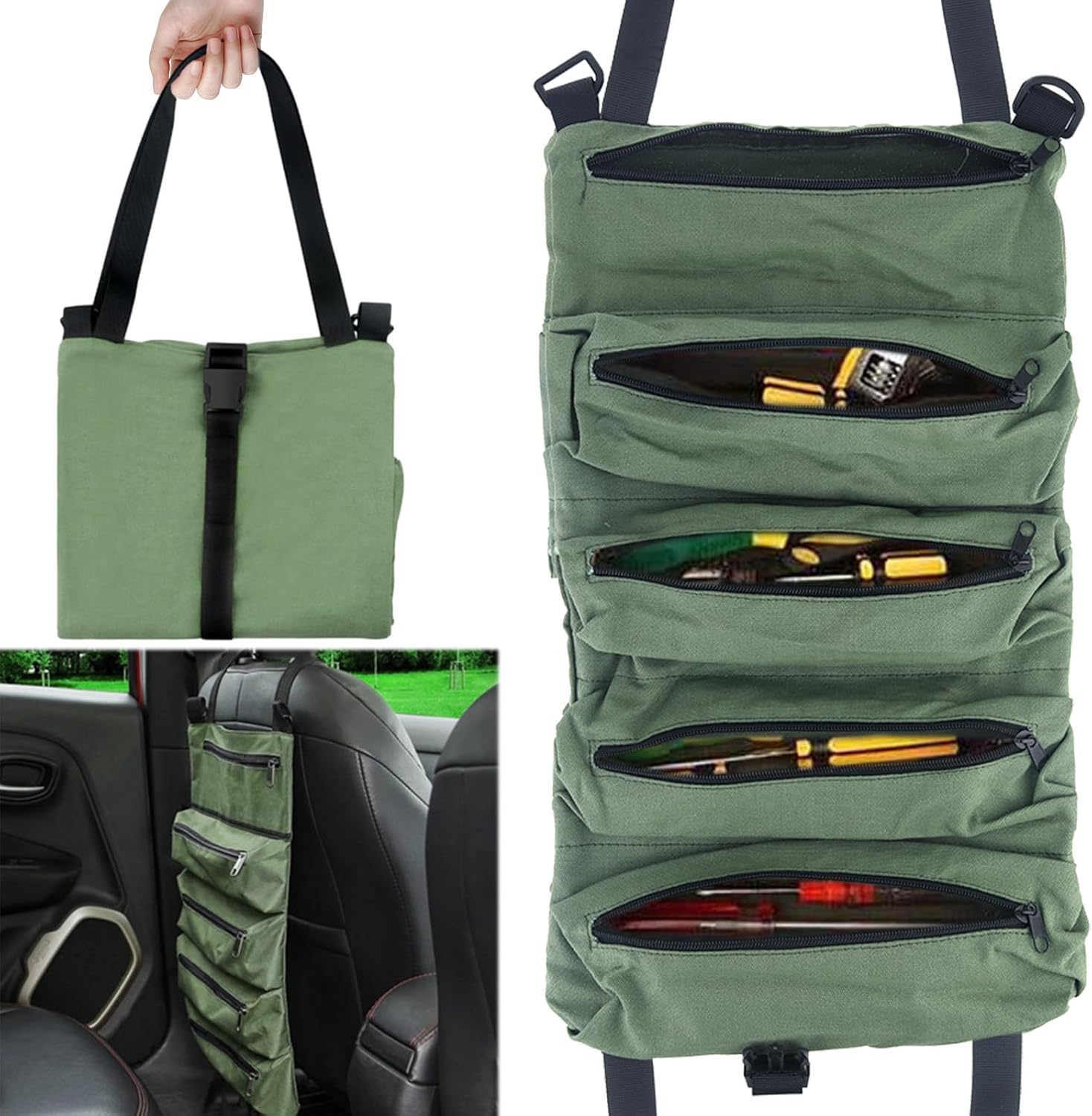 ⚡ Elektro & Technik – Canvas-Schraubenschlüssel-Werkzeugtasche, Mehrzweck-Rolltasche, Werkzeug-Rolltasche, Schraubenschlüssel-Rolltasche, Werkzeugtasche mit 5 Reißverschlusstaschen für Handwerker/Elektriker, grün