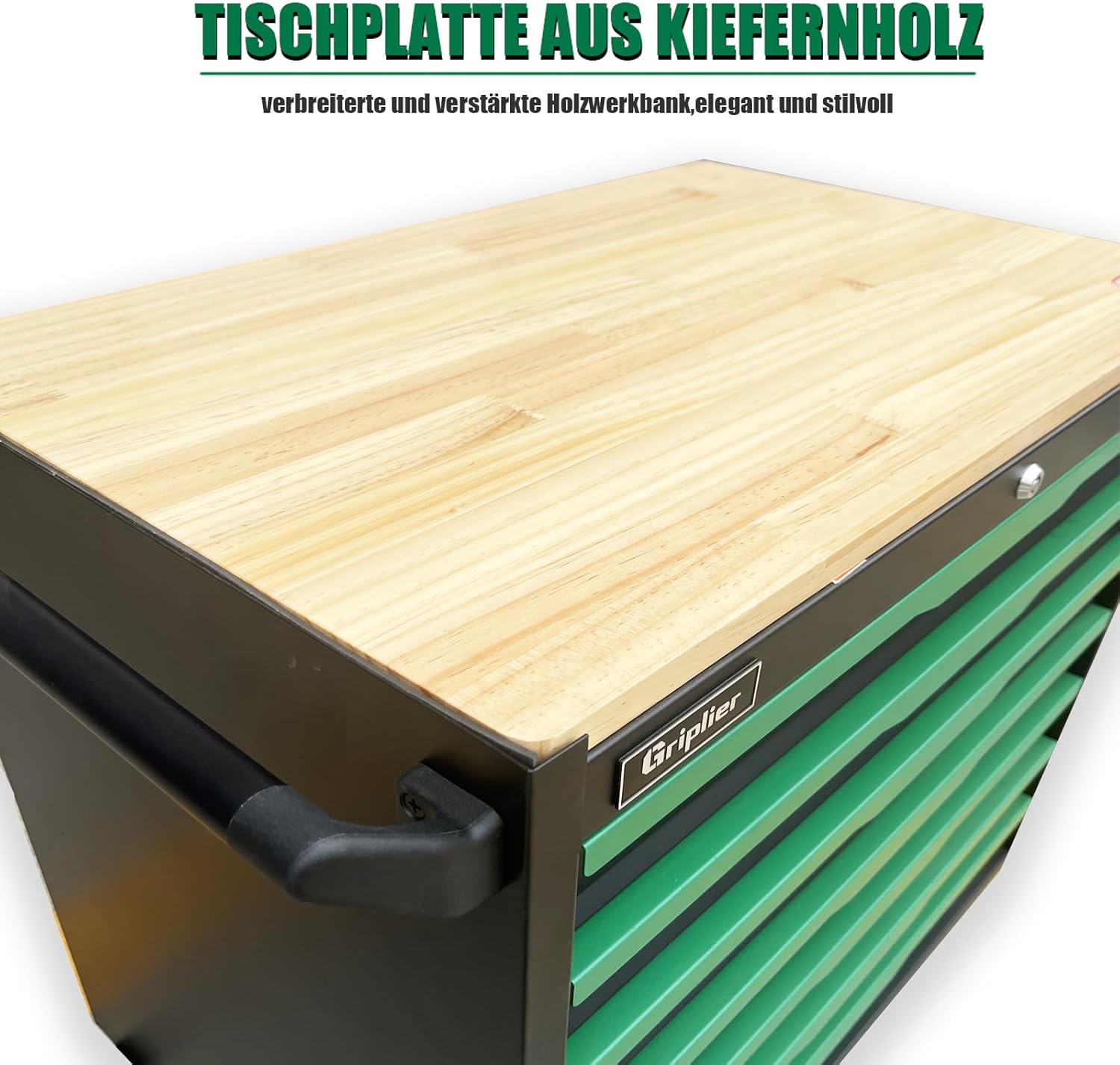 ⚒️ Bau & Montage – Werkstattwagen, 7 Schubladen, Bremsrad, schwarz/grün, robust, rollbar, mit Holzarbeitsplatte, 79,5 x 48 x 82 cm, Tragkraft 300 kg (7 Schubladen) – Bild 4