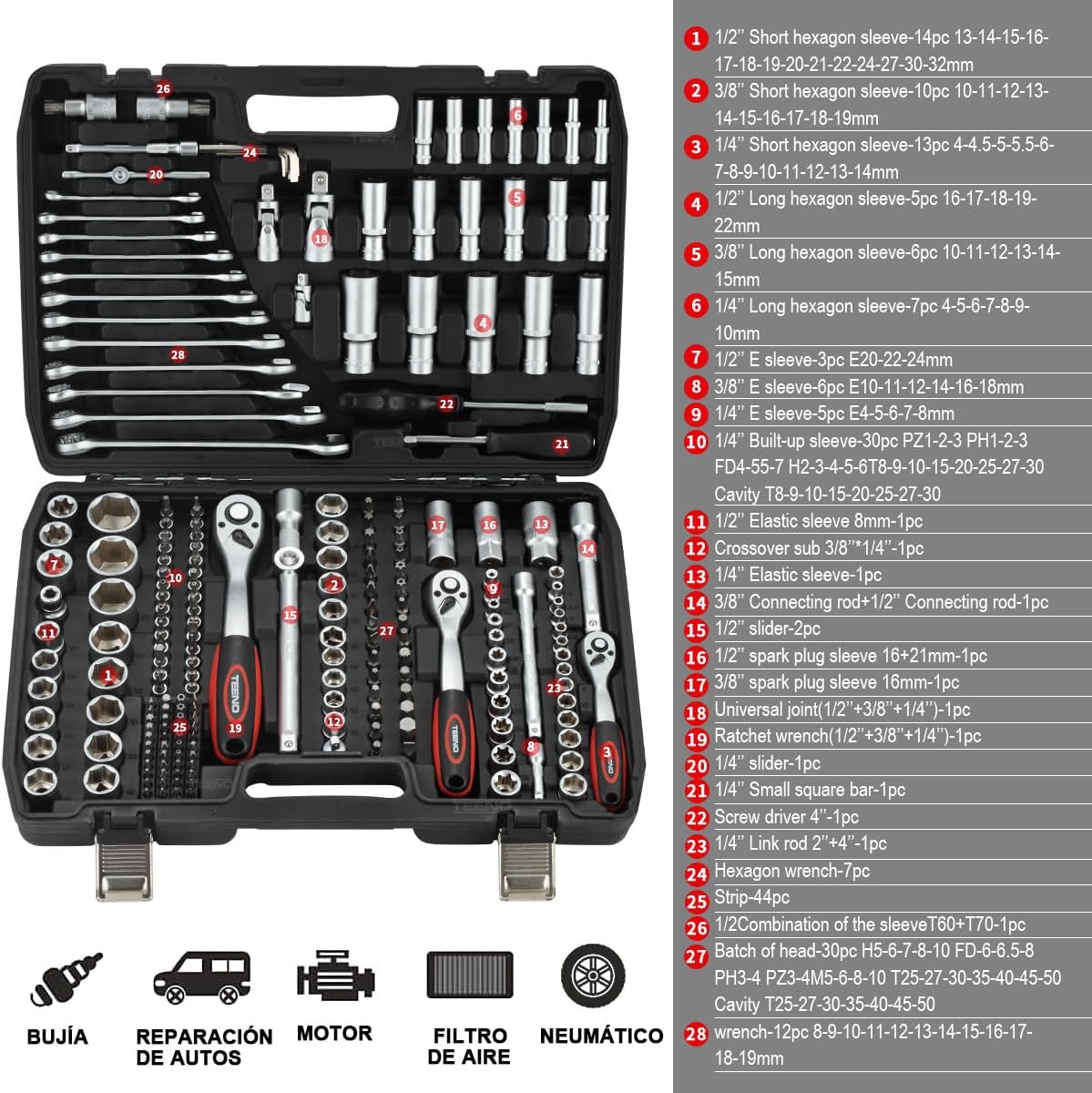 🚗 KFZ & Werkstatt – TEENO Socket Spanner Set 216 Pieces, Ratchet Case Tool Box 1/4 Inch, 3/8 Inch, 1/2 Inch, Cr-V Socket Set with Ratchet Wrench, Tool Set, Ratchet Box for Working on Bikes and Cars – Bild 2