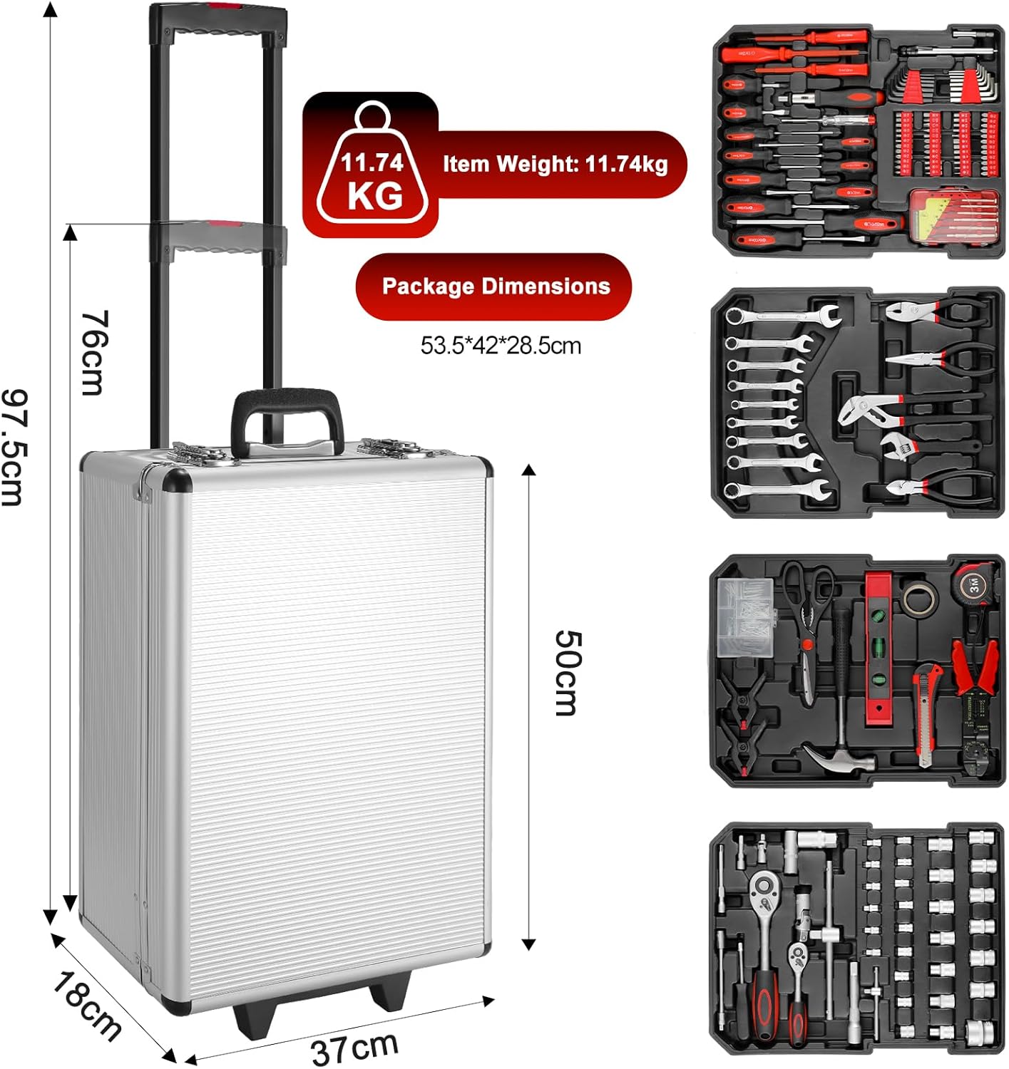 🔥 Angebote & Aktionen – TLGREEN Tool Box Filled 799-Piece Tool Set in Aluminium Case, Tool Box Rolling Case, Tool Trolley Tool Set for Car, DIY Repair and Maintenance, for Home, Garage and Workshop – Bild 3