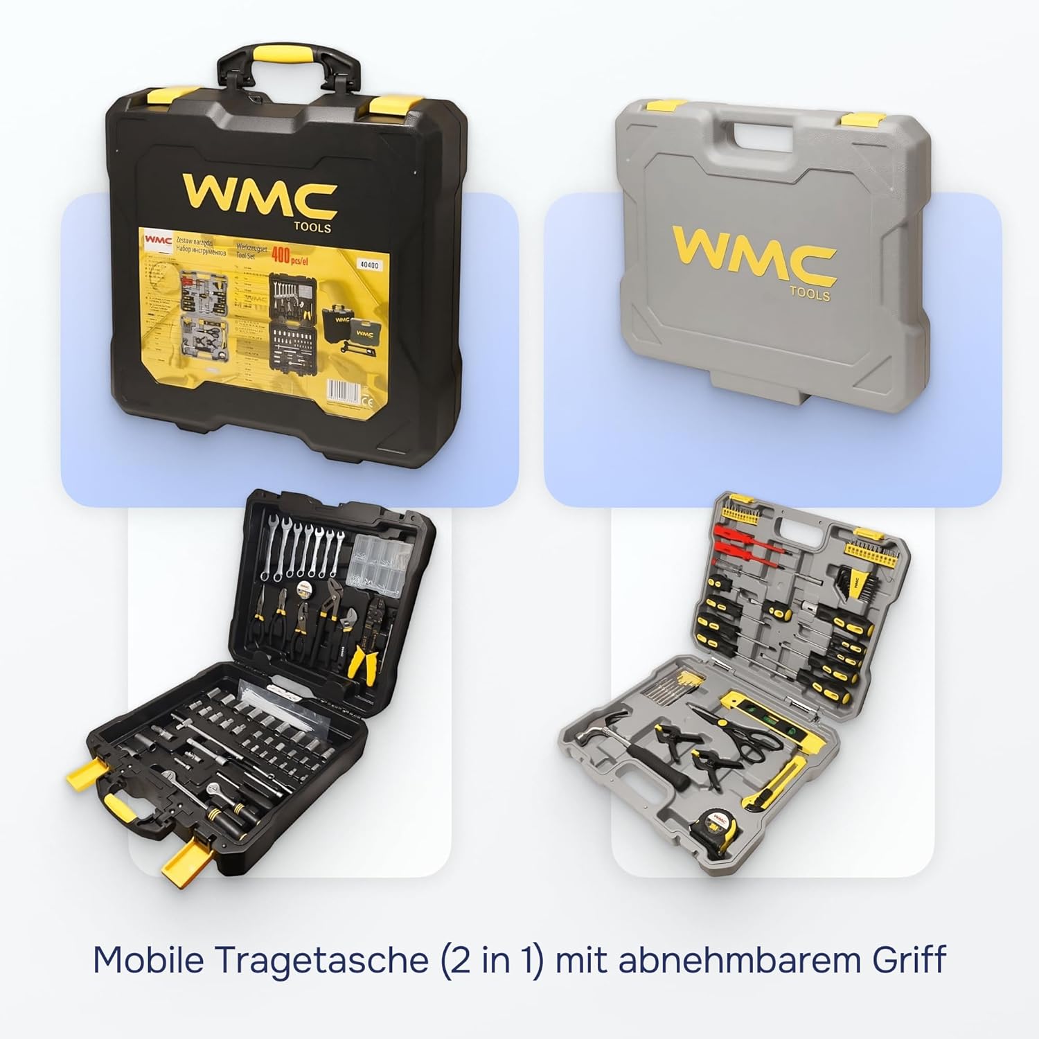 🔥 Angebote & Aktionen – WMC TOOLS 400 Piece Professional Tool Set - 2-in-1 Tool Box with Rolling Case, 2 Separate Cases, Screwdrivers, Pliers, Sockets, Bits & Hammer for DIY, Car, Garage & Workshop – Bild 6