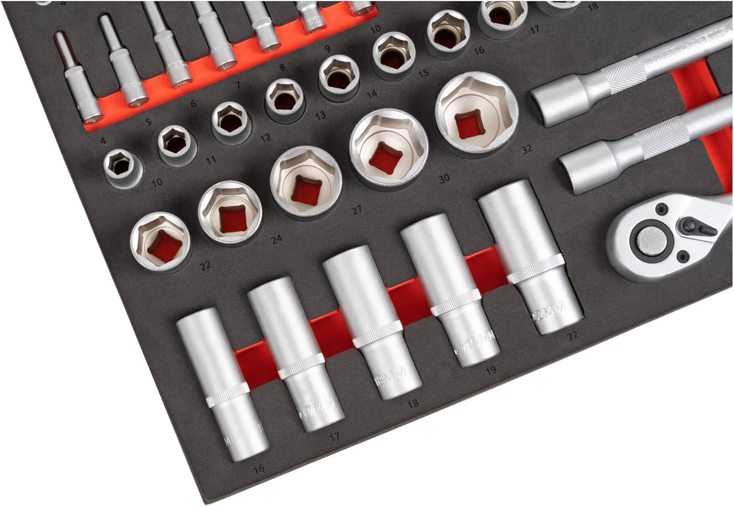 🚗 KFZ & Werkstatt – STIER Socket Spanner Set, 92 Pieces, 1/4 Inch 1/2 Inch with Reversible Ratchets, in Soft Foam Insert, as Inlay Workshop Trolley, Chrome Vanadium Steel – Bild 4