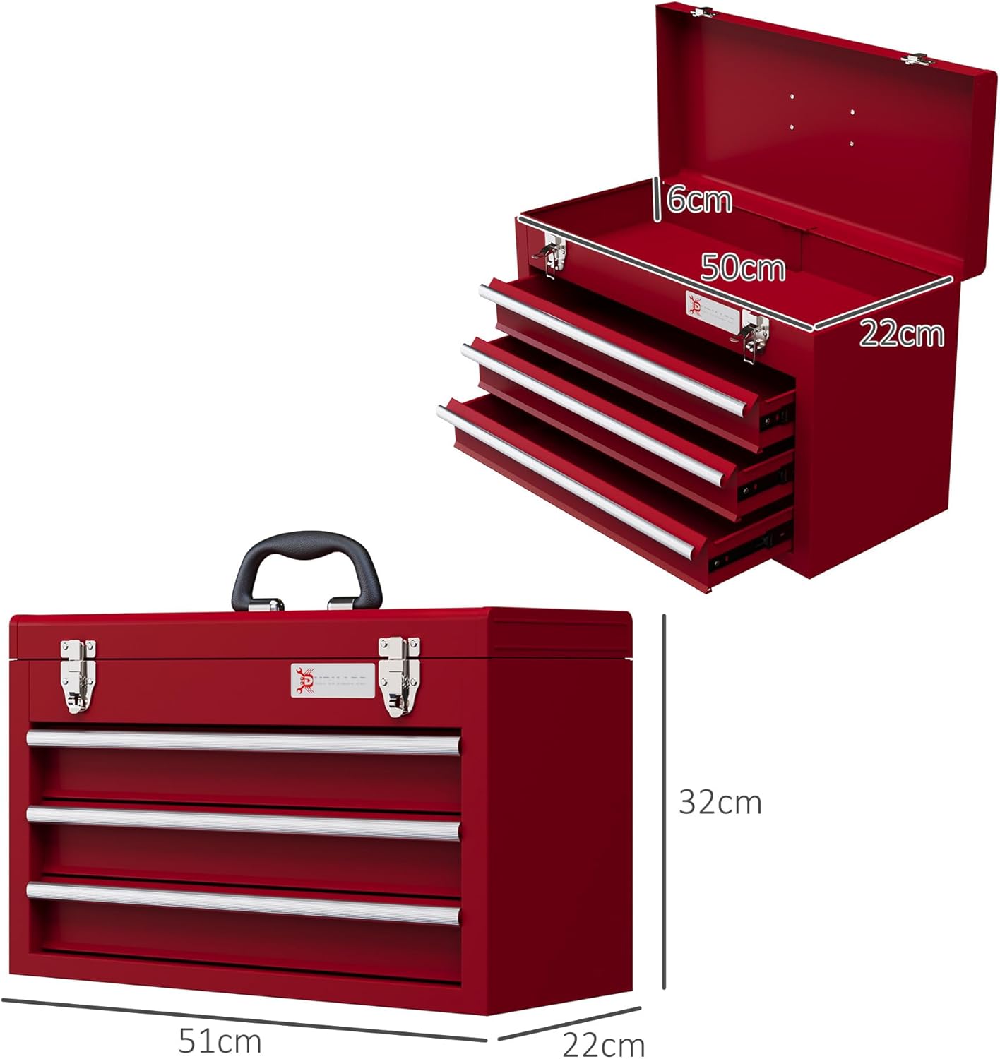 🔥 Angebote & Aktionen – DURHAND Empty Tool Box, Robust Tool Box with 3 Drawers, Compartment, Metal Clasps, Carry Handle, Tool Box for Tools, Household, Workshop, Red – Bild 7