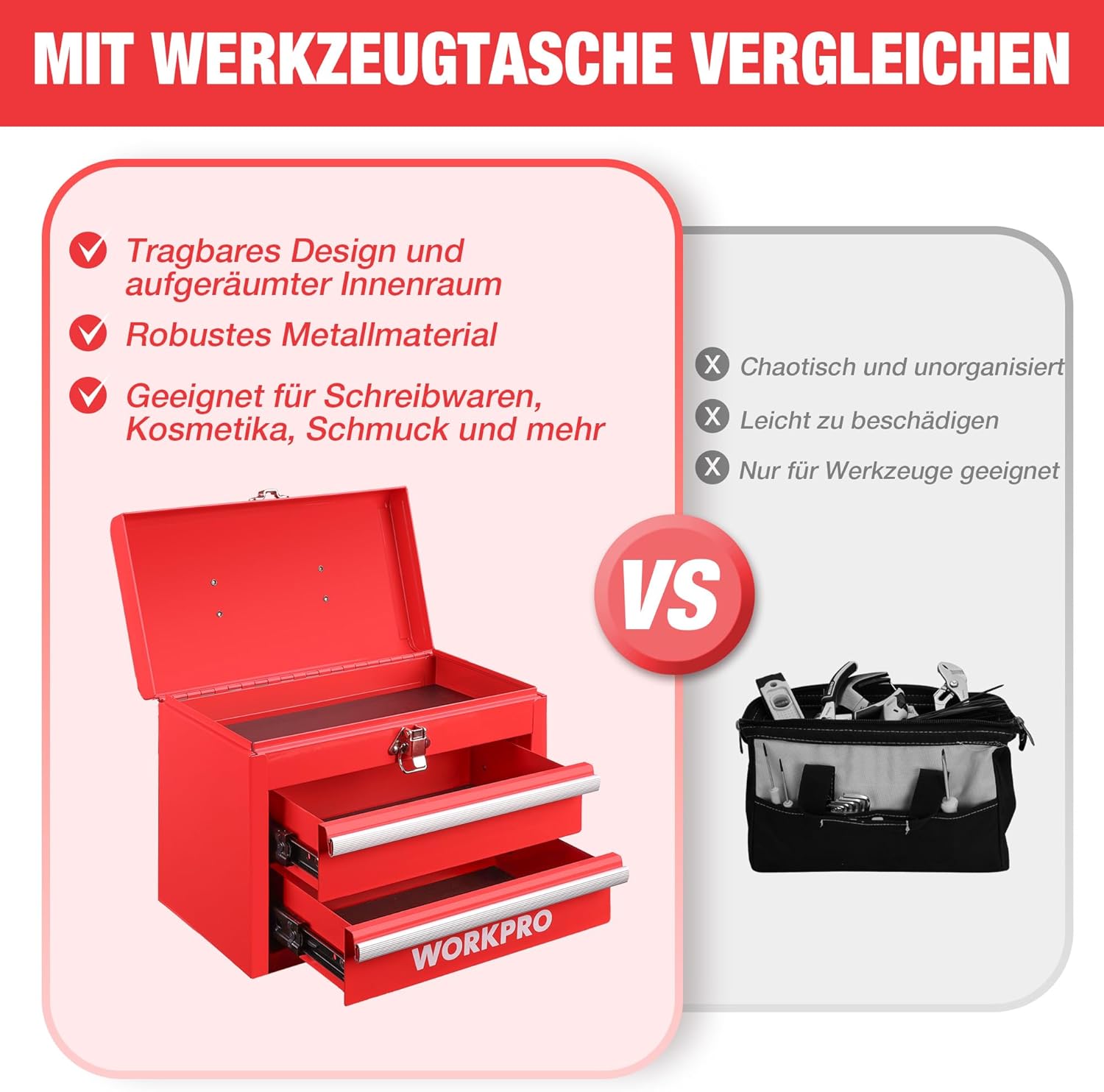 🔥 Angebote & Aktionen – WORKPRO Metal Drawer Box with 2 Drawers & Top Storage Space Red, 27.5 x 15 x 20.8 cm, Table Organiser with Drawers & Handle for Office, Changing Room and Desk, Portable Tool Box – Bild 8