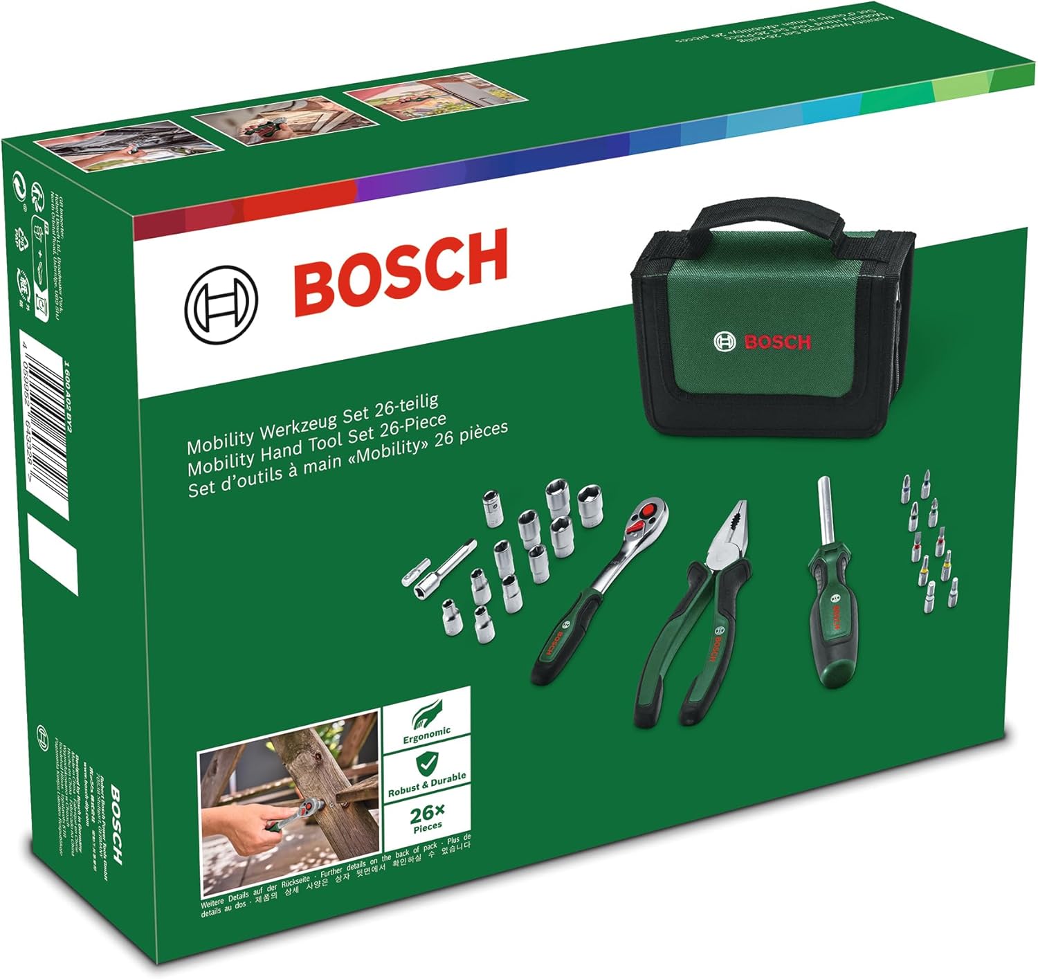 🔥 Angebote & Aktionen – Bosch Mobility-Handwerkzeug-Set, 26-teilig (kompaktes und mobiles Werkzeug-Set für Heimwerkerarbeiten und unterwegs; 1/4"-Ratsche; Kombizange; Universalschraubendreher; in Stofftasche)