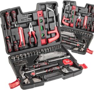 🔥 Angebote & Aktionen – TOP TOOLS Tool Set 100 Pieces with Socket Wrenches 3/8 Inch Ratchet Ring Spanner Screwdriver Pliers Hammer Hacksaw and Accessories in Robust Tool Box for Household Workshop and DIY