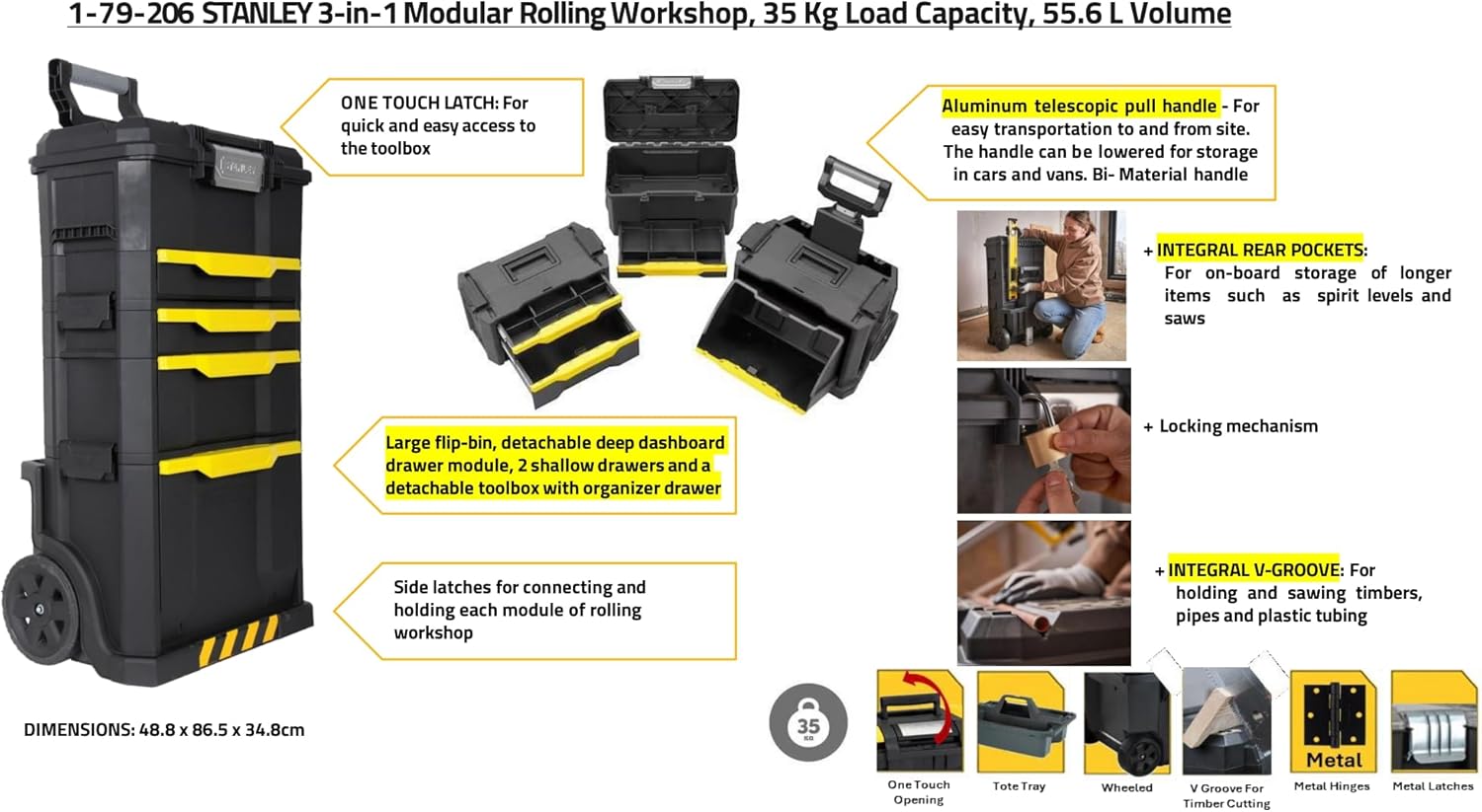 ⚡ Elektro & Technik – Stanley 1-79-206 Rollwerkstatt aus Metall und Kunststoff, leerer Werkzeugwagen mit 3 modularen Einheiten, vielseitiger Werkzeugkasten für Kleinteile und große Werkzeuge, 1-79-206 – Bild 6