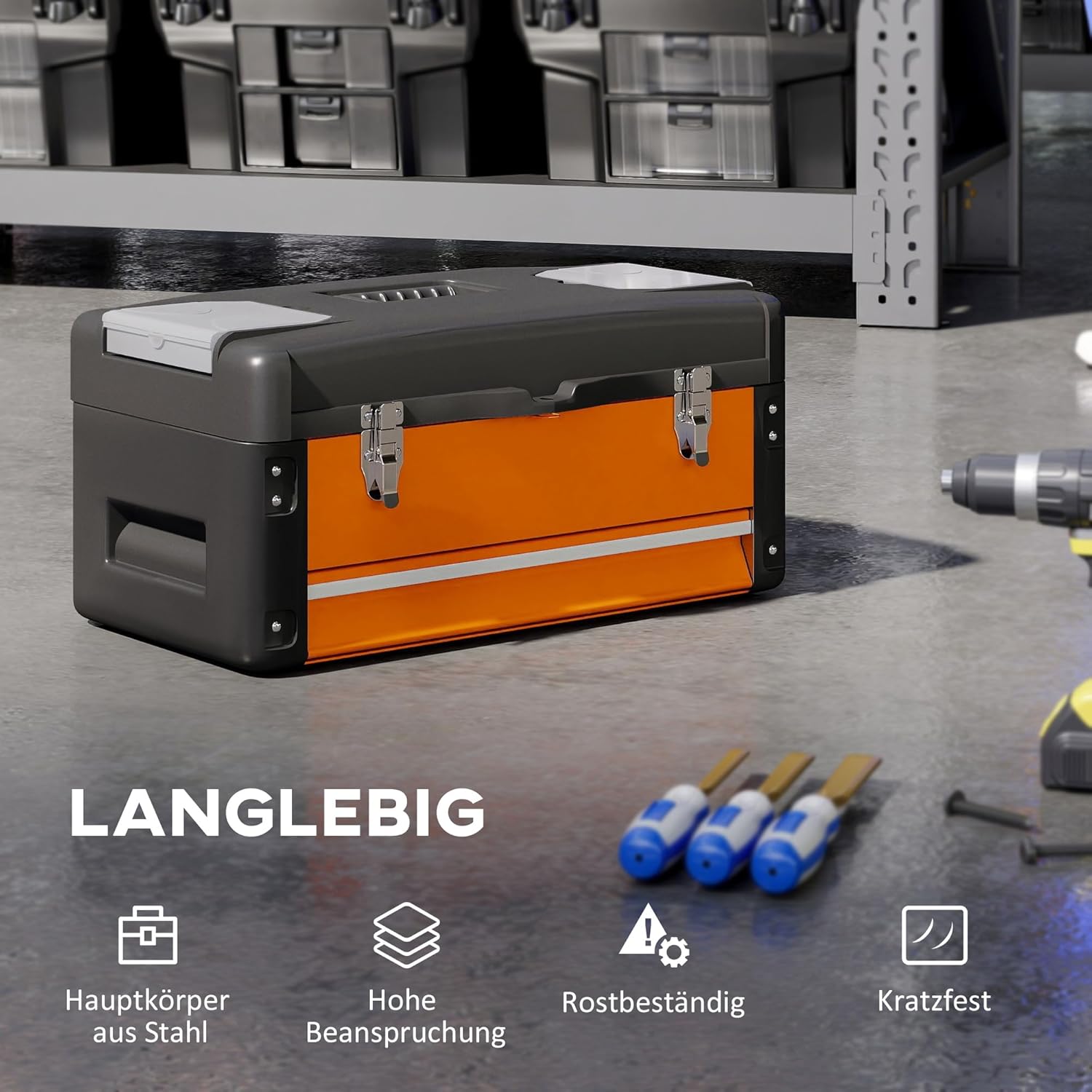 ⚡ Elektro & Technik – HOMCOM Leerer Werkzeugkasten, robuster Werkzeugkasten mit Schubladenfächern, Tragegriff, Werkzeugkasten für Werkzeug, Haushalt, Werkstatt, Orange – Bild 4