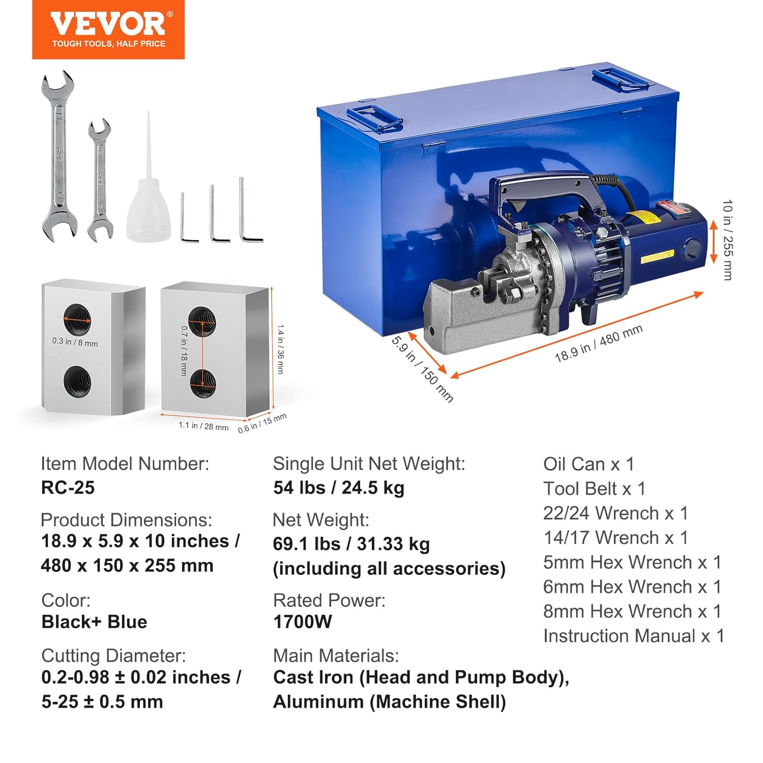 ⚡ Elektro & Technik – VEVOR elektrischer hydraulischer Bolzenschneider, 1700 W, Bewehrungsschneider, schneidet bis zu 5–25 mm Bewehrungsstahl in 4 Sekunden, Bewehrungsstahlschneider mit Werkzeugkoffer, Ölkanne, Schwarz, Blau – Bild 7