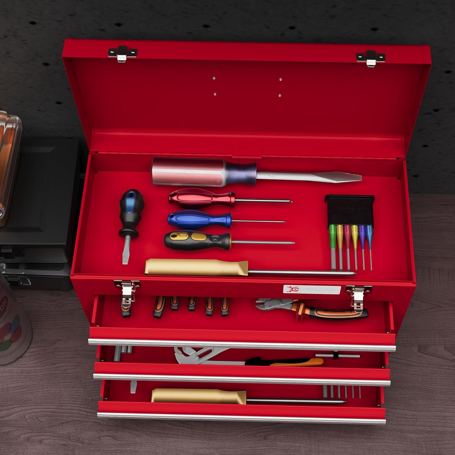 🔥 Angebote & Aktionen – DURHAND Empty Tool Box, Robust Tool Box with 3 Drawers, Compartment, Metal Clasps, Carry Handle, Tool Box for Tools, Household, Workshop, Red – Bild 6
