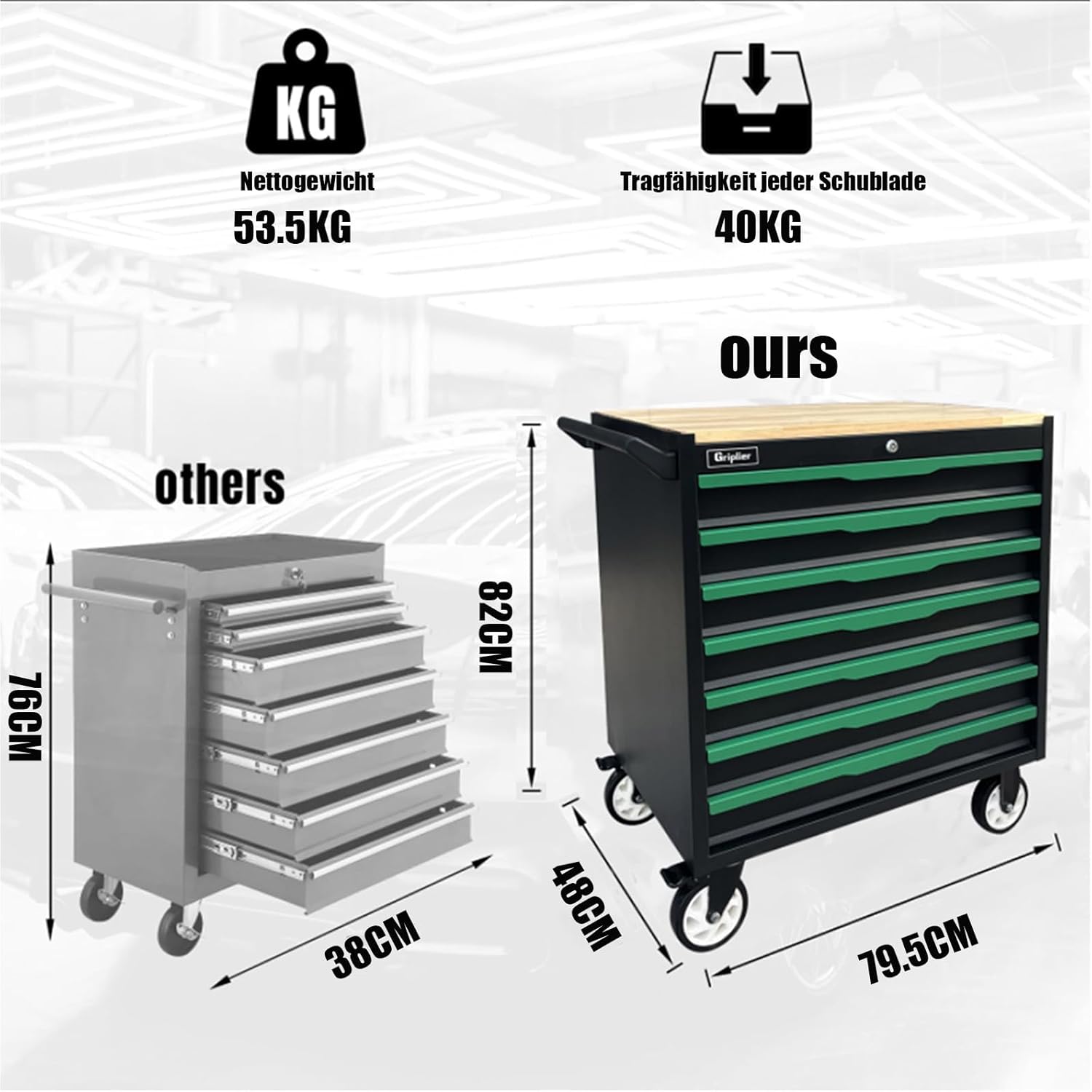 ⚒️ Bau & Montage – Werkstattwagen, 7 Schubladen, Bremsrad, schwarz/grün, robust, rollbar, mit Holzarbeitsplatte, 79,5 x 48 x 82 cm, Tragkraft 300 kg (7 Schubladen) – Bild 3