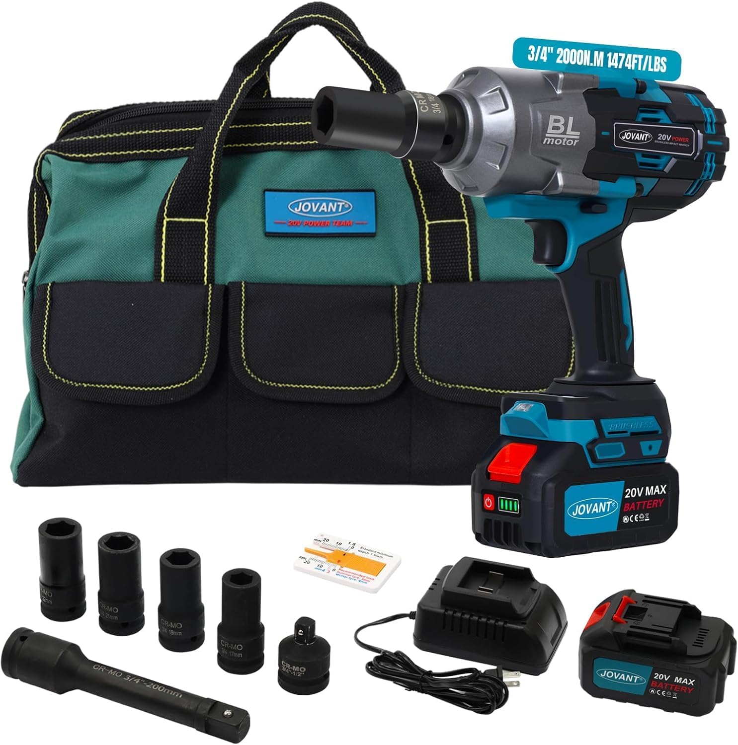 🚗 KFZ & Werkstatt – Battery Impact Wrench, 20 V Max, 1474 Ft-lbs Impact Wrench, 2 x 4.0 Ah Battery, Socket Wrench Accessories, 6 Speed Trigger, LED Light, Quick Charger, Sockets, Rotary Impact Wrench for Car Animals JOVANT