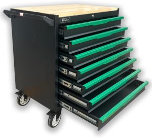 ⚒️ Bau & Montage – Werkstattwagen, 7 Schubladen, Bremsrad, schwarz/grün, robust, rollbar, mit Holzarbeitsplatte, 79,5 x 48 x 82 cm, Tragkraft 300 kg (7 Schubladen)