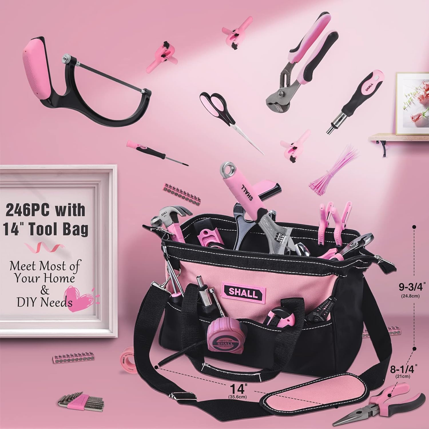 🔥 Angebote & Aktionen – SHALL Pink Tool Set, 246-Piece Women's Basic Tool Kit for Home with 14 Inch Wide Mouth Open Tool Bag, General Household Hand Tool Set – Bild 5