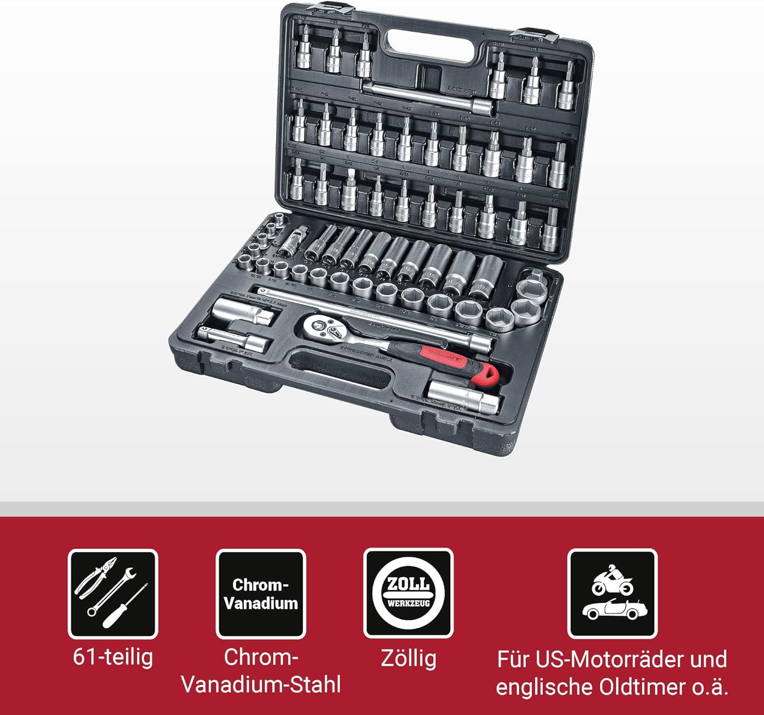 🚗 KFZ & Werkstatt – Inch Socket Set, 61 Pieces, Inch, Fine-Toothed Ratchet with Ejection Protection & Locking System, Removable Bit Holder, Tool Set with Inch Bits – Bild 2