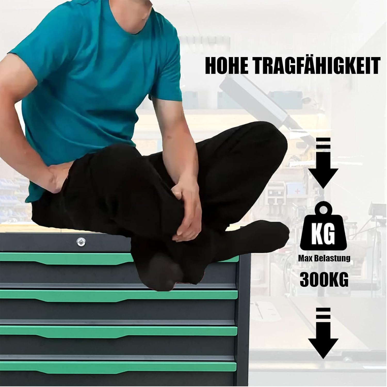 ⚒️ Bau & Montage – Werkstattwagen, 7 Schubladen, Bremsrad, schwarz/grün, robust, rollbar, mit Holzarbeitsplatte, 79,5 x 48 x 82 cm, Tragkraft 300 kg (7 Schubladen) – Bild 5