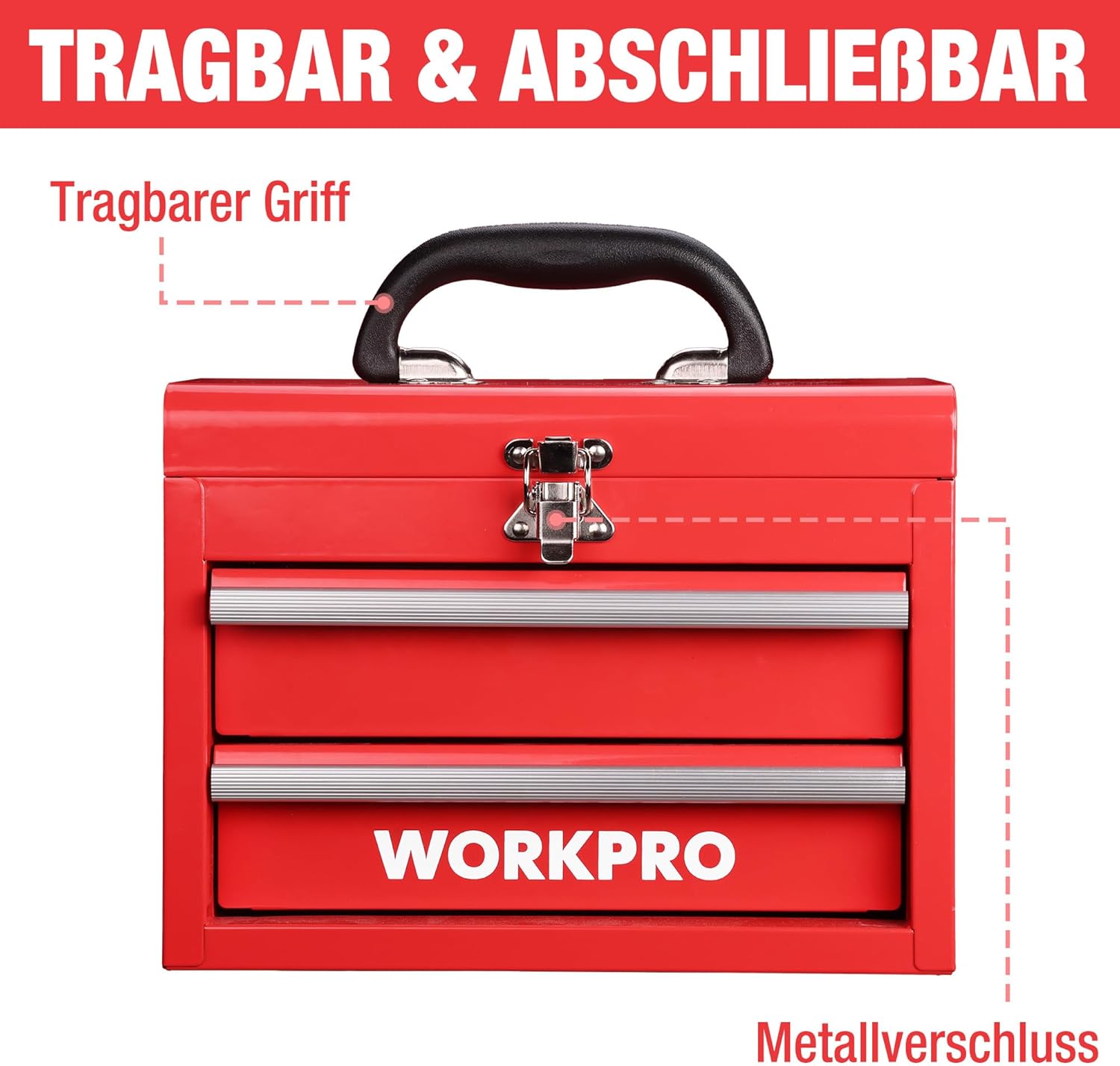 🔥 Angebote & Aktionen – WORKPRO Metal Drawer Box with 2 Drawers & Top Storage Space Red, 27.5 x 15 x 20.8 cm, Table Organiser with Drawers & Handle for Office, Changing Room and Desk, Portable Tool Box – Bild 3