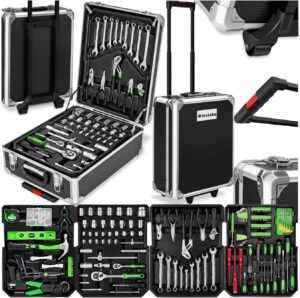 🚗 KFZ & Werkstatt – tectake Tool Box, Tool Set, Tool Box Filled 1200 Pieces, Tool Trolley, Tool Box with 4 Levels, Aluminium Case with Wheels and Telescopic Handle - Black