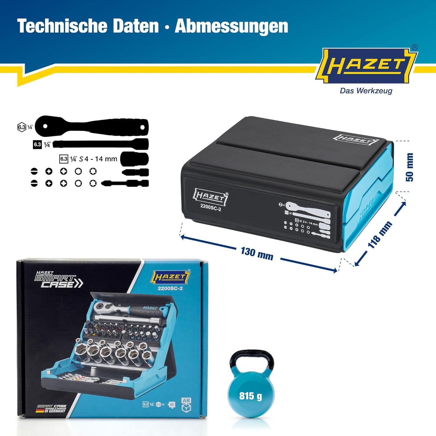 🚗 KFZ & Werkstatt – HAZET SmartCase Socket Spanner Set, 2200SC-2, 50-Piece Tool Socket Set, Drive: Hexagonal and Square 6.3 mm, Mobile Tool Box, Made in Germany – Bild 7