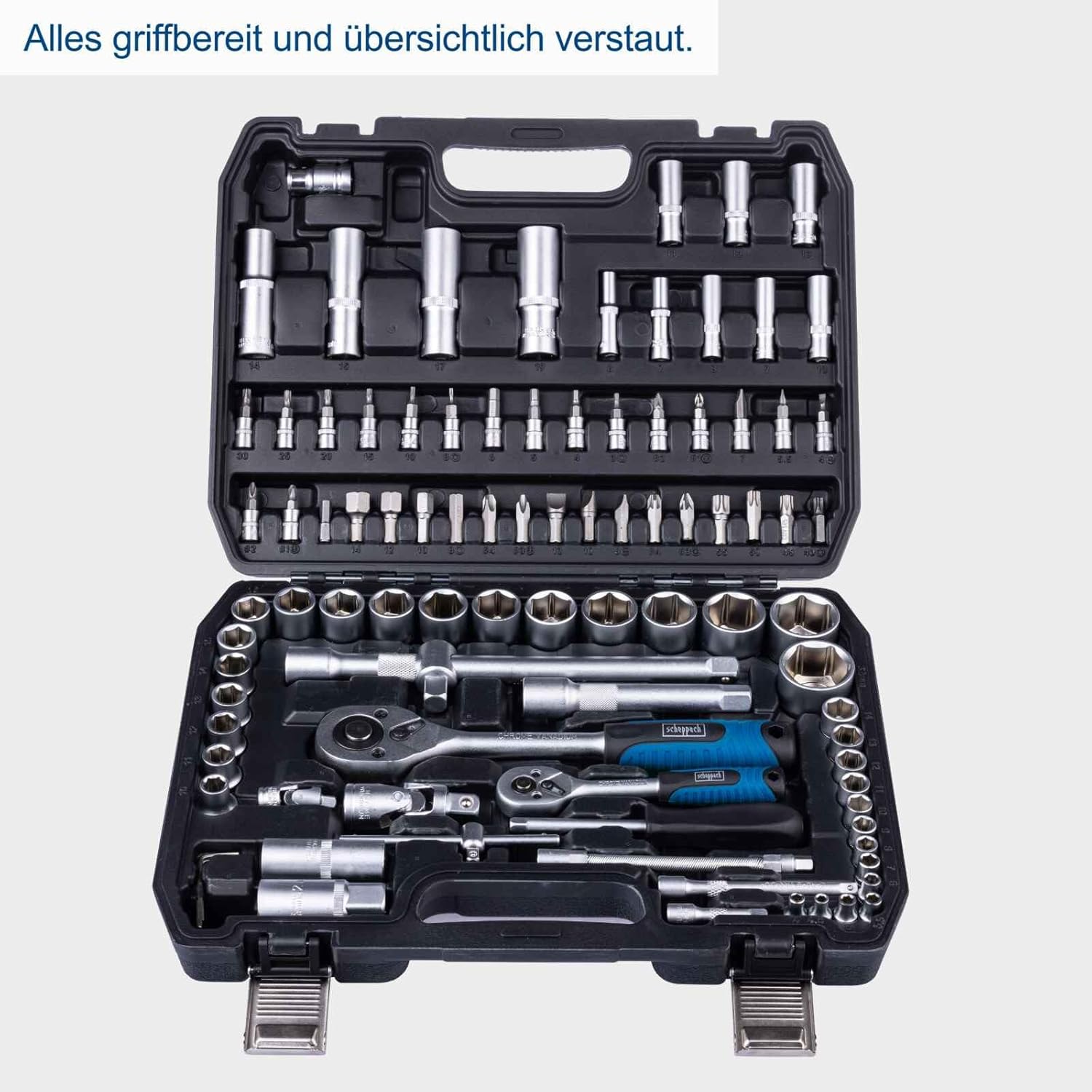 🚗 KFZ & Werkstatt – Scheppach Tool Box TB97 / TB100, 94 Piece Tool Set in Robust Plastic Case, Tools Made of High-Quality Chrome Vanadium Steel, Socket Spanner Inserts, Bit Inserts, Allen Keys and Much More – Bild 4
