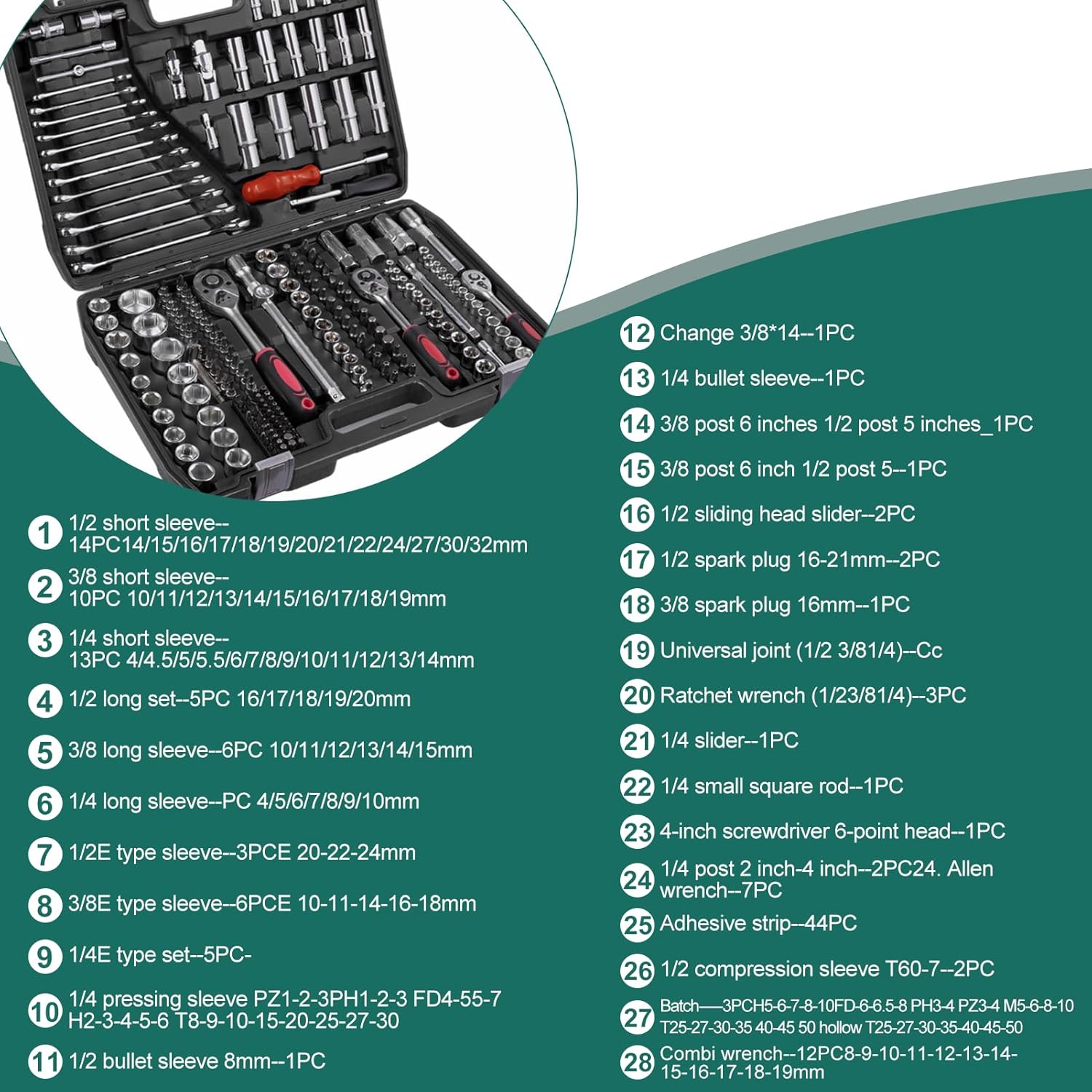 🚗 KFZ & Werkstatt – 216-Piece Ratchet Case Tool Box 1/4 Inch, 3/8 Inch, 1/2 Inch Socket Spanner Set Vanadium Tool and Bit Set Including Bit Attachment Adaptor for Cordless Screwdrivers Tool Set – Bild 6