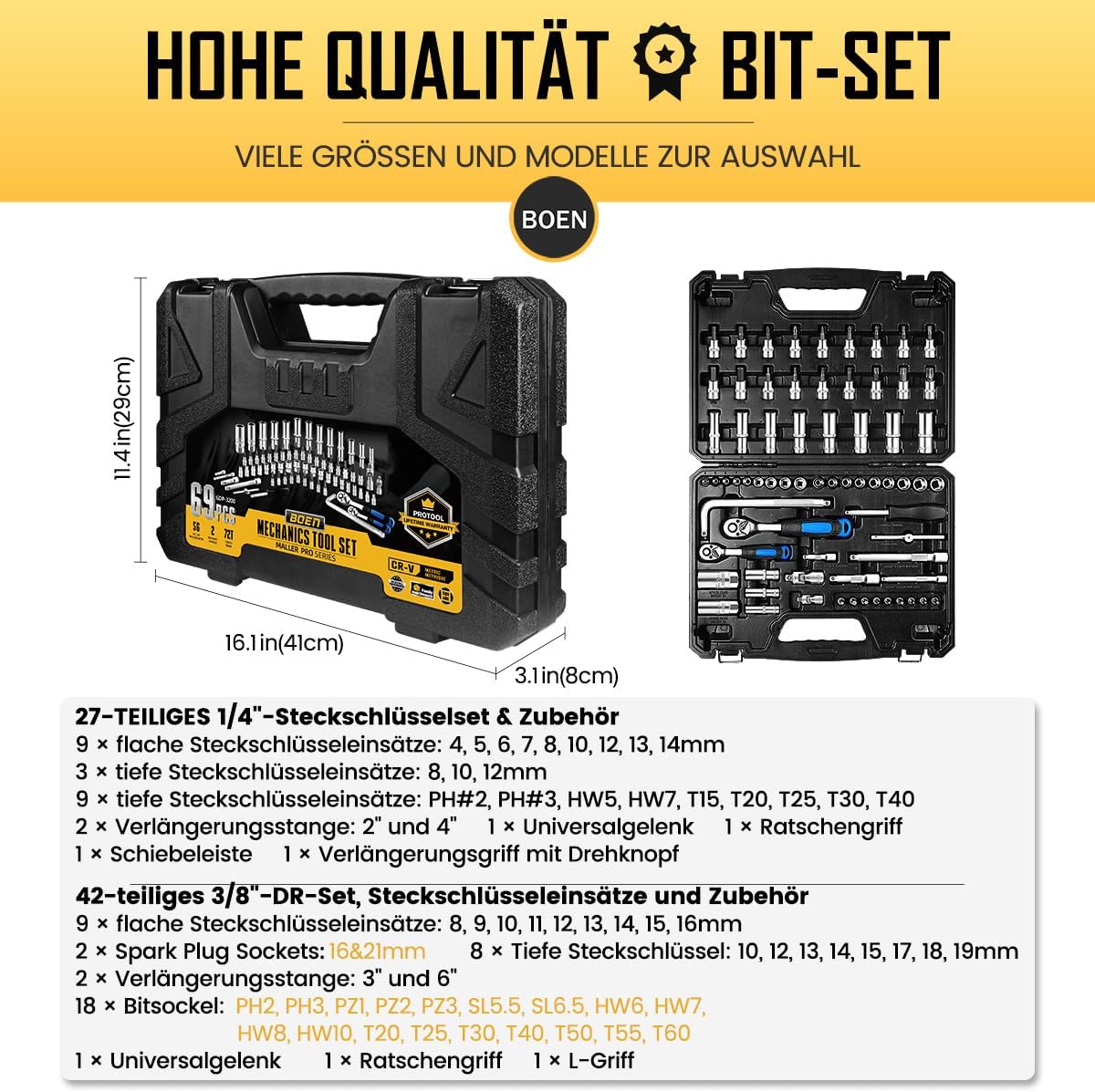 🚗 KFZ & Werkstatt – 69-Piece 1/4 Inch & 3/8 Inch Socket Set, Metric Nut Set (4-21 mm) + Bit Set, Professional Tool Set Including 72 Tooth Ratchet, Extension, Rotary Knob & Universal Joint – Bild 7