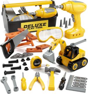 ⚡ Elektro & Technik – Lehoo Castle Werkzeugkasten Werkzeug Kinderspielzeug ab 3 Jahren, Jungengeschenke mit elektrischer Bohrmaschine & Mini-Werkbank & Baggerauto Kinderspielzeug, Rollenspiel Montessori Spielzeug 4 5 Jahre