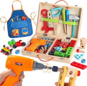 ⚡ Elektro & Technik – Spielzeug ab 3 Jahren, Werkzeugkasten Kinder Montessori Spielzeug ab 3 4 5 Jahren Junge Mädchen Holzspielzeug mit Akkuschrauber & Schürze Rollenspiel Werkzeugkasten Geschenke für Kinder