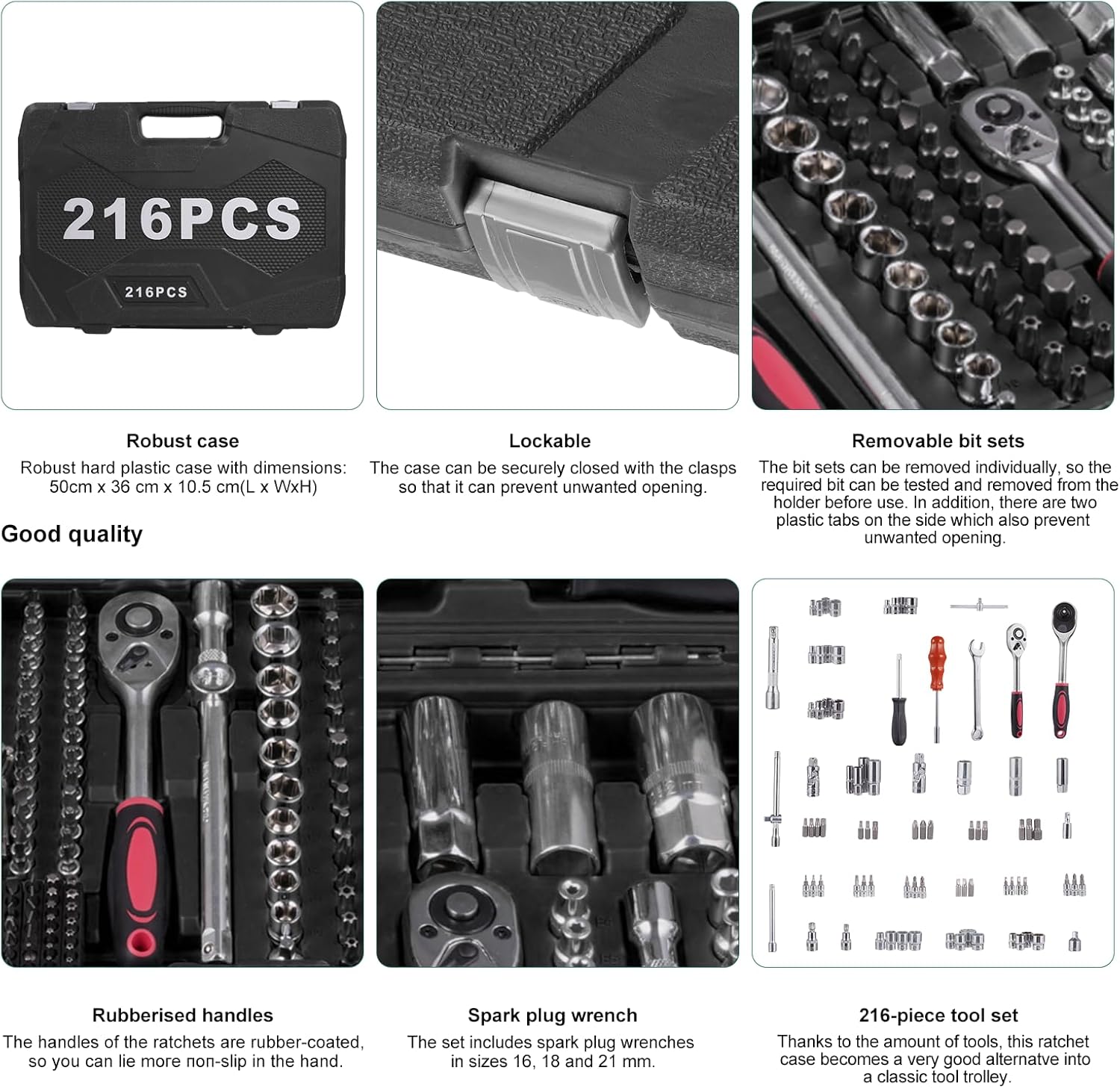 🚗 KFZ & Werkstatt – 216-Piece Ratchet Case Tool Box 1/4 Inch, 3/8 Inch, 1/2 Inch Socket Spanner Set Vanadium Tool and Bit Set Including Bit Attachment Adaptor for Cordless Screwdrivers Tool Set – Bild 2