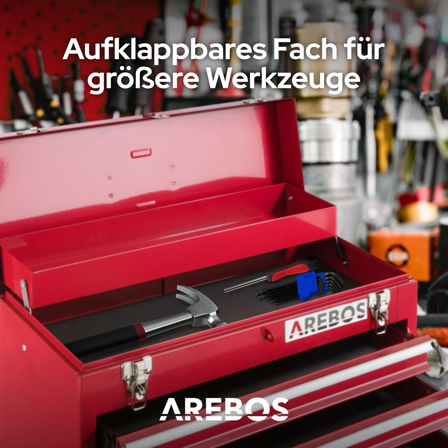 🔥 Angebote & Aktionen – Arebos Tool Box with 3 Drawers and 2 Storage Compartments 52 x 22 x 30.5 cm | Lockable Tool Box | Tool Box with Carry Handle & Snap Fasteners | Non-Slip Mats | Red – Bild 3