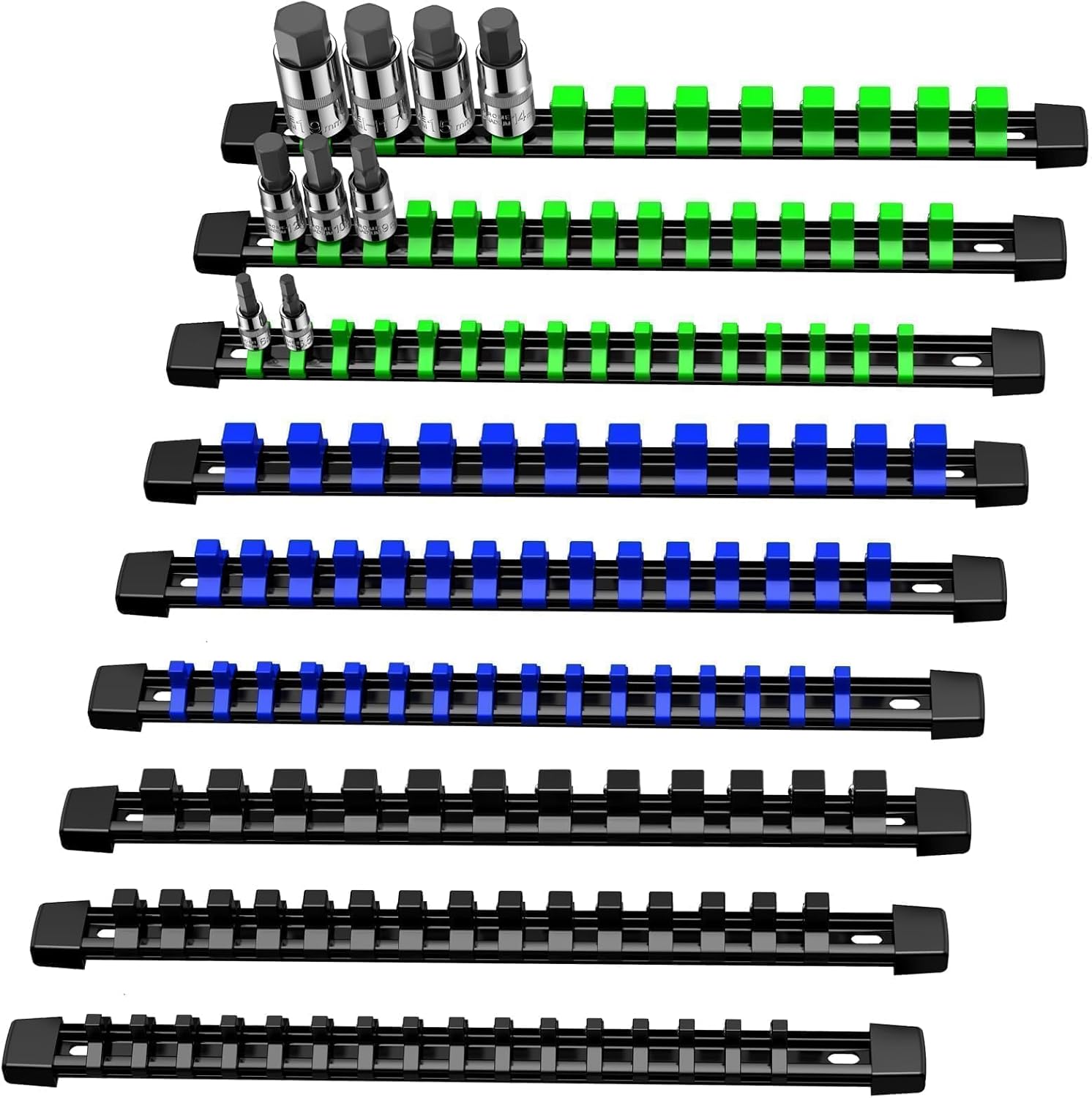🚗 KFZ & Werkstatt – Socket Organiser Holder 1/4 Inch Drive x 48 Clips, 3/8 Inch Drive x 45 Clips, 1/2 Inch Drive x 36 Clips ABS Plastic Attachment Rail Set for Toolbox Drawer 9 Pieces