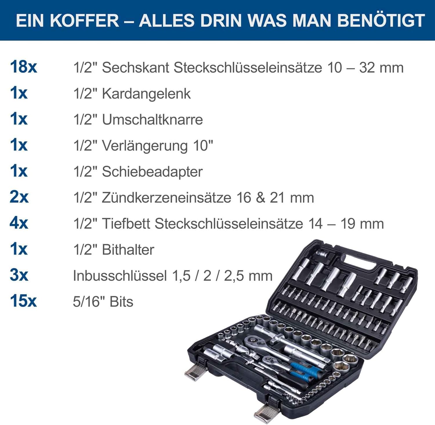 🚗 KFZ & Werkstatt – Scheppach Tool Box TB97 / TB100, 94 Piece Tool Set in Robust Plastic Case, Tools Made of High-Quality Chrome Vanadium Steel, Socket Spanner Inserts, Bit Inserts, Allen Keys and Much More – Bild 6
