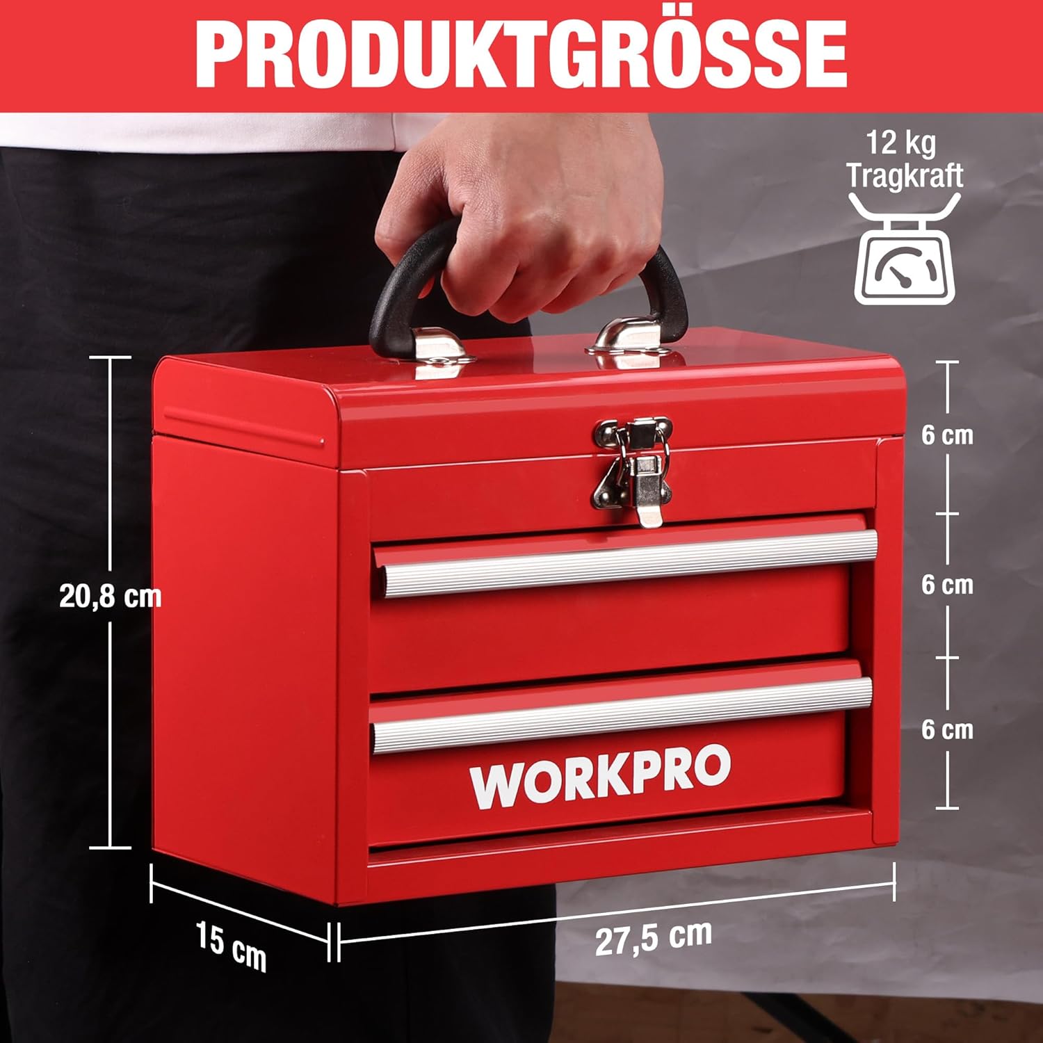 🔥 Angebote & Aktionen – WORKPRO Metal Drawer Box with 2 Drawers & Top Storage Space Red, 27.5 x 15 x 20.8 cm, Table Organiser with Drawers & Handle for Office, Changing Room and Desk, Portable Tool Box – Bild 9