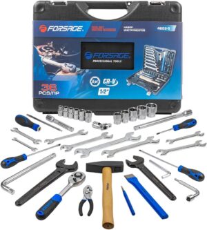 🚗 KFZ & Werkstatt – Forsage 36 Piece Car Tool Set - Comprehensive and Durable for Mechanics and Car Enthusiasts, Ratchet Box, Socket Set, Extensions, Pliers, Hammer, Screwdrivers and Chisels