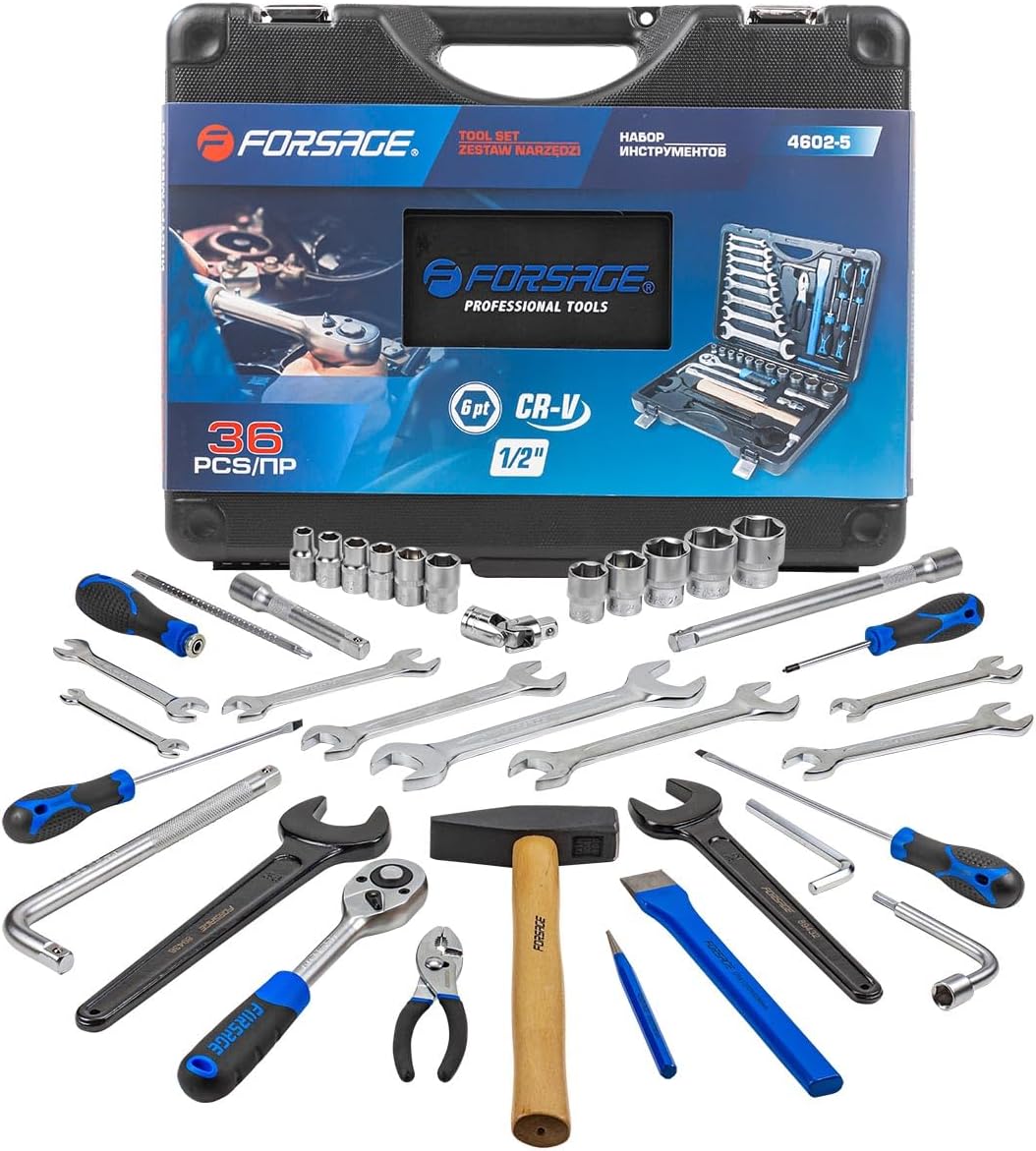 🚗 KFZ & Werkstatt – Forsage 36 Piece Car Tool Set - Comprehensive and Durable for Mechanics and Car Enthusiasts, Ratchet Box, Socket Set, Extensions, Pliers, Hammer, Screwdrivers and Chisels